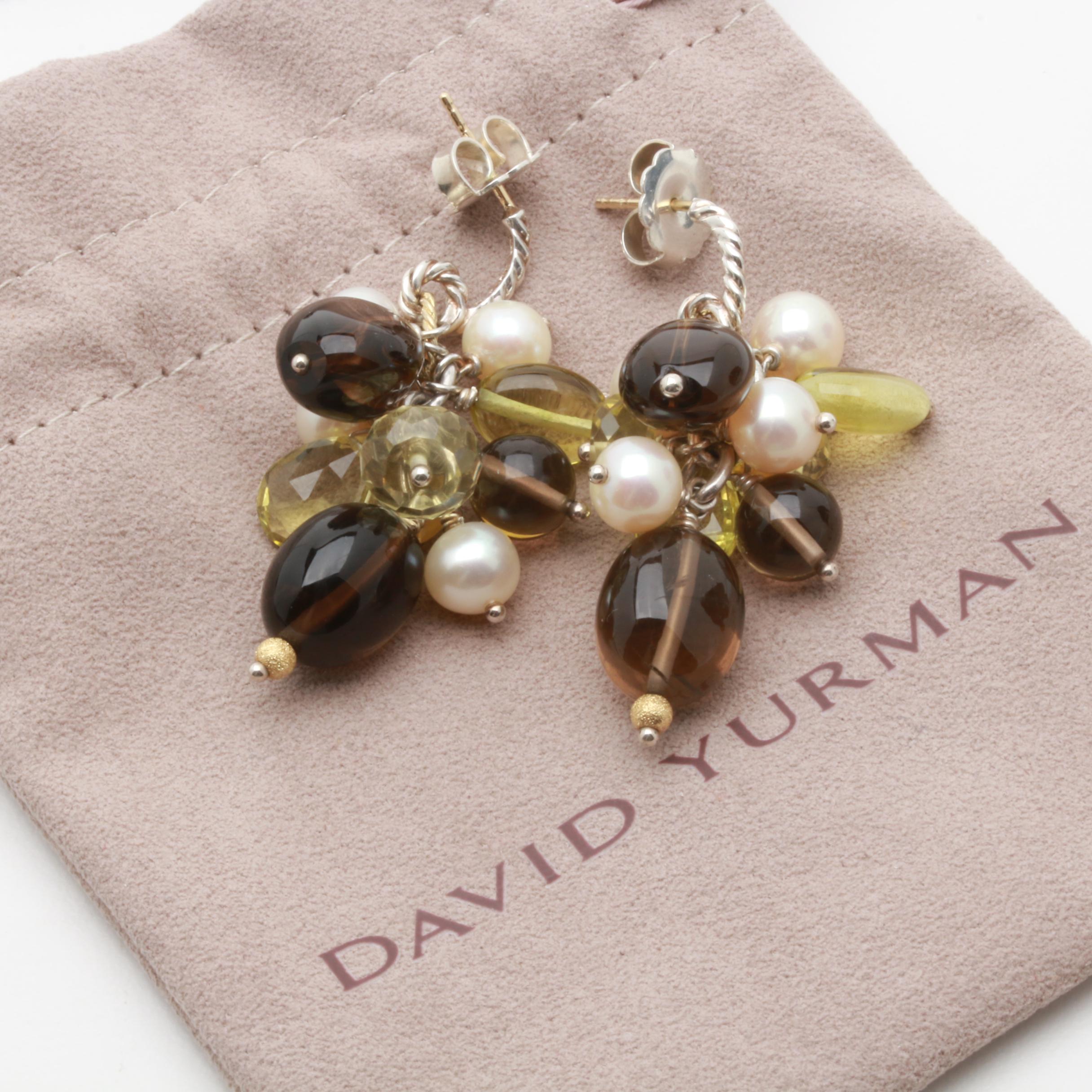 David Yurman Sterling Silver 18K Yellow Gold Cultured Pearl Gemstone Earrings