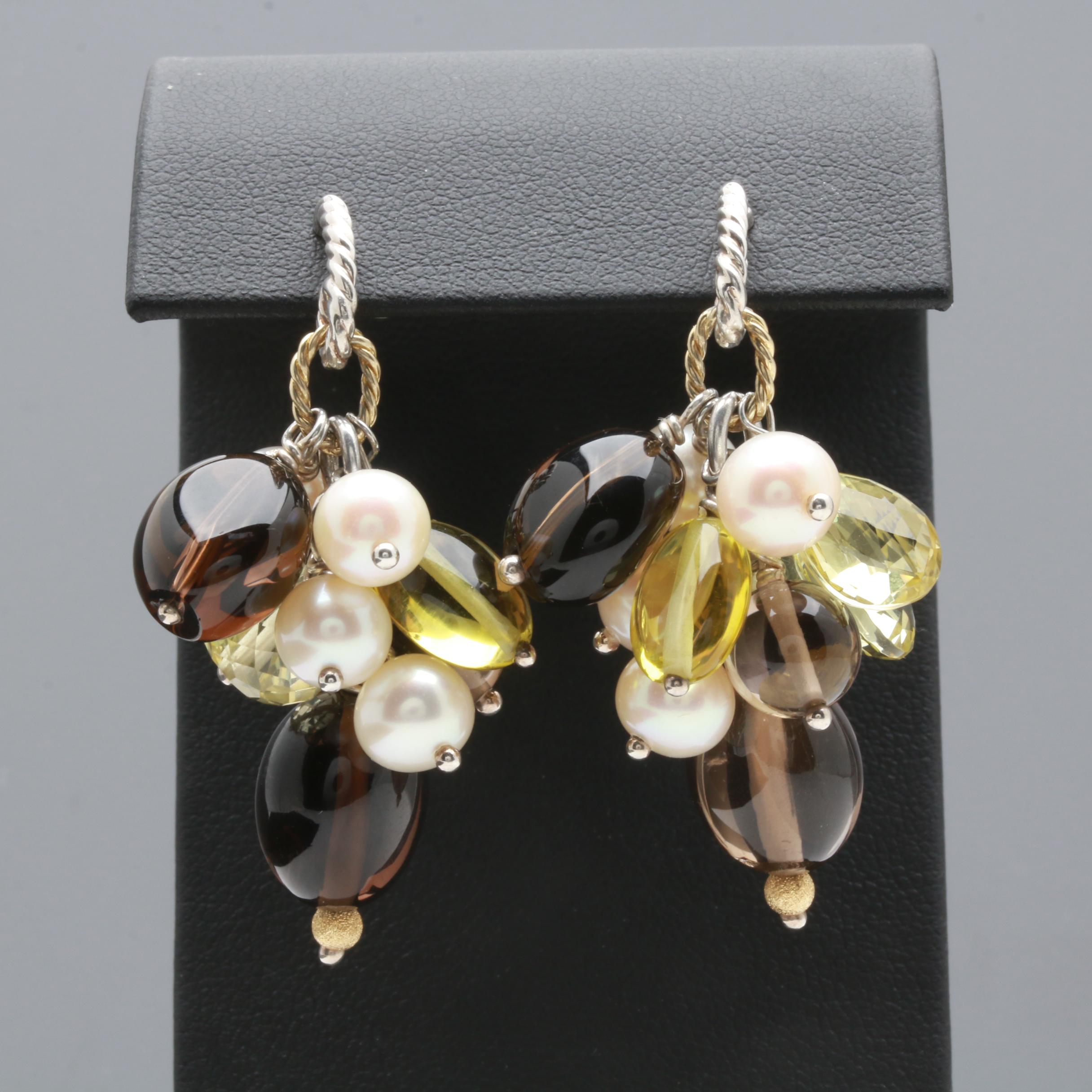 David Yurman Sterling Silver 18K Yellow Gold Cultured Pearl Gemstone Earrings