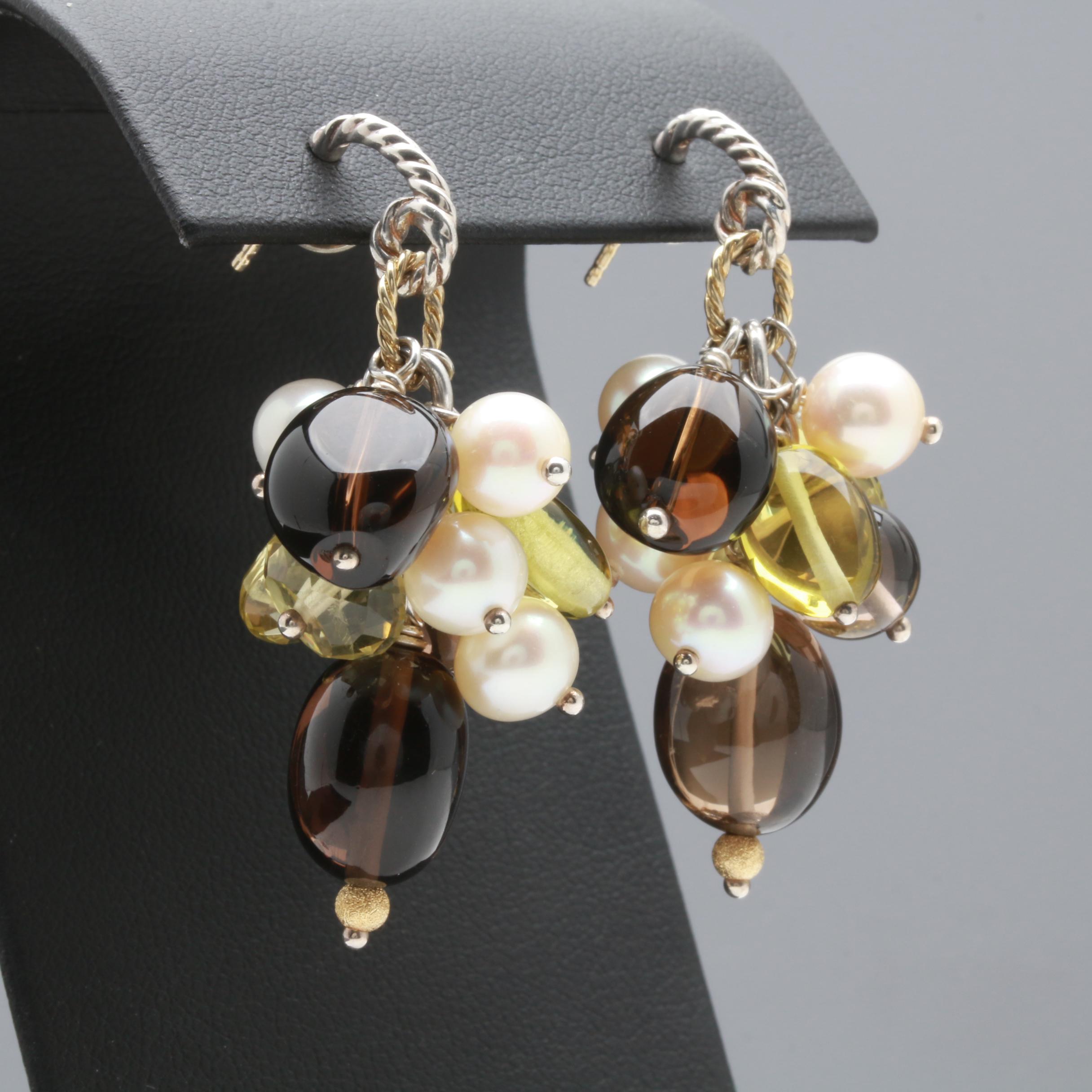 David Yurman Sterling Silver 18K Yellow Gold Cultured Pearl Gemstone Earrings