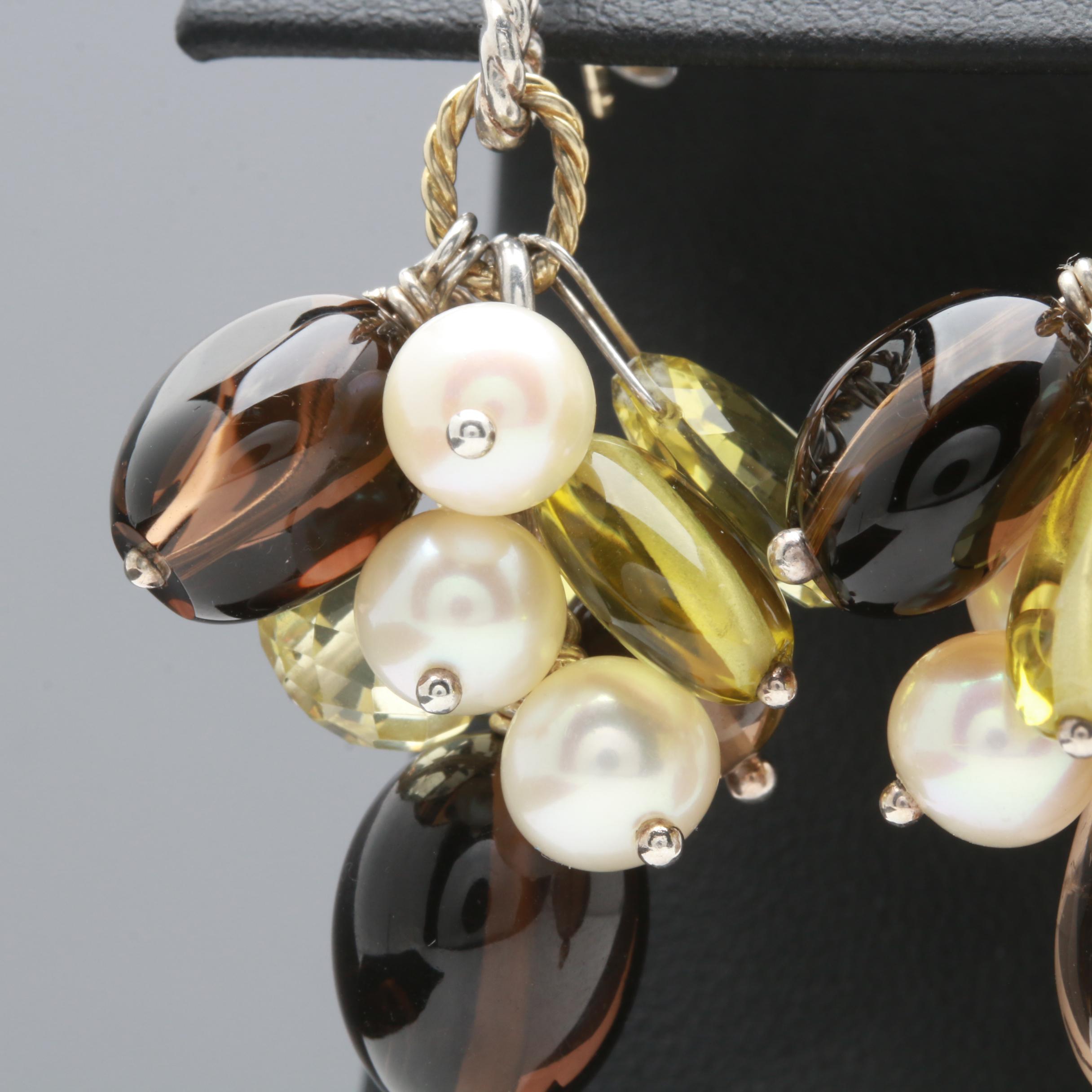 David Yurman Sterling Silver 18K Yellow Gold Cultured Pearl Gemstone Earrings