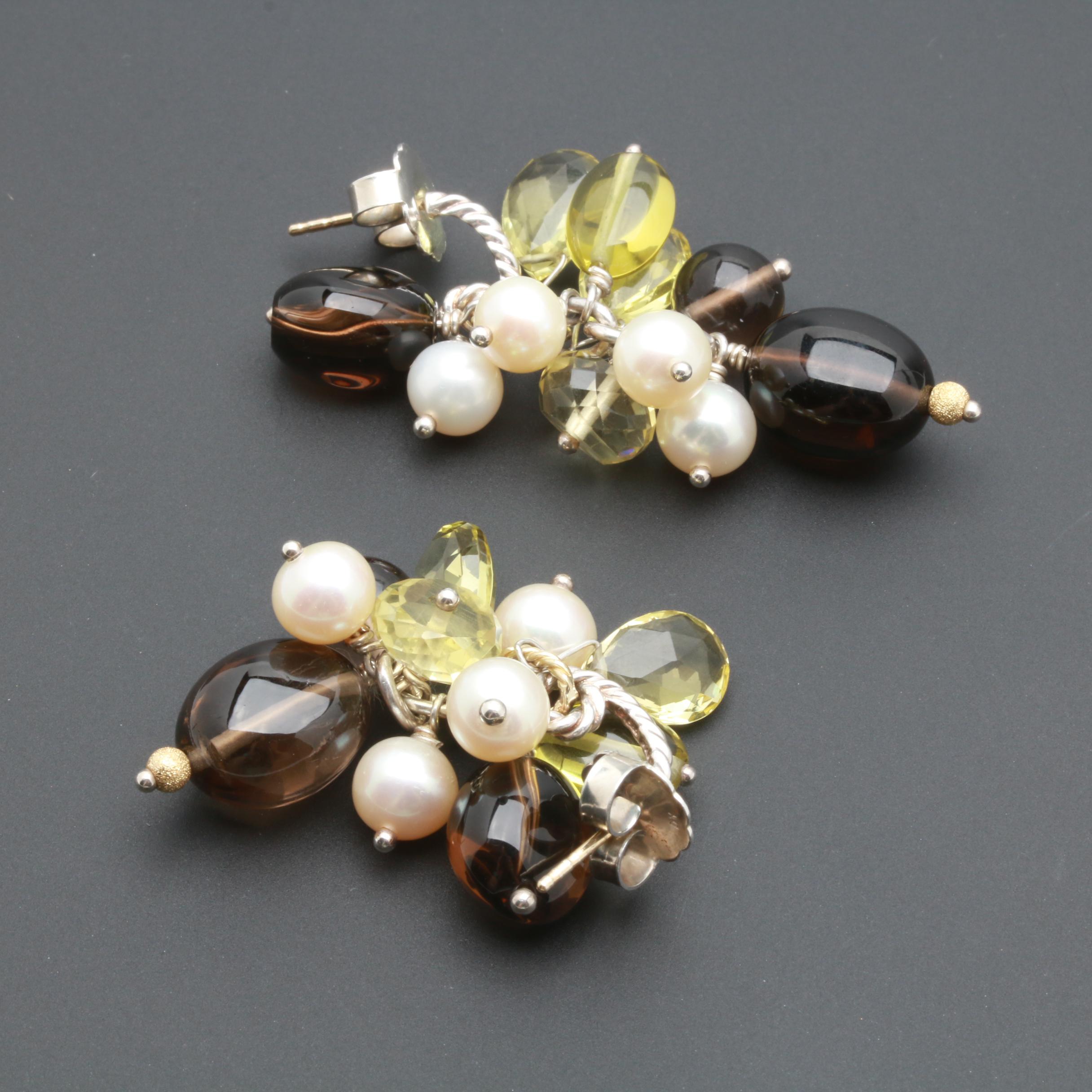 David Yurman Sterling Silver 18K Yellow Gold Cultured Pearl Gemstone Earrings