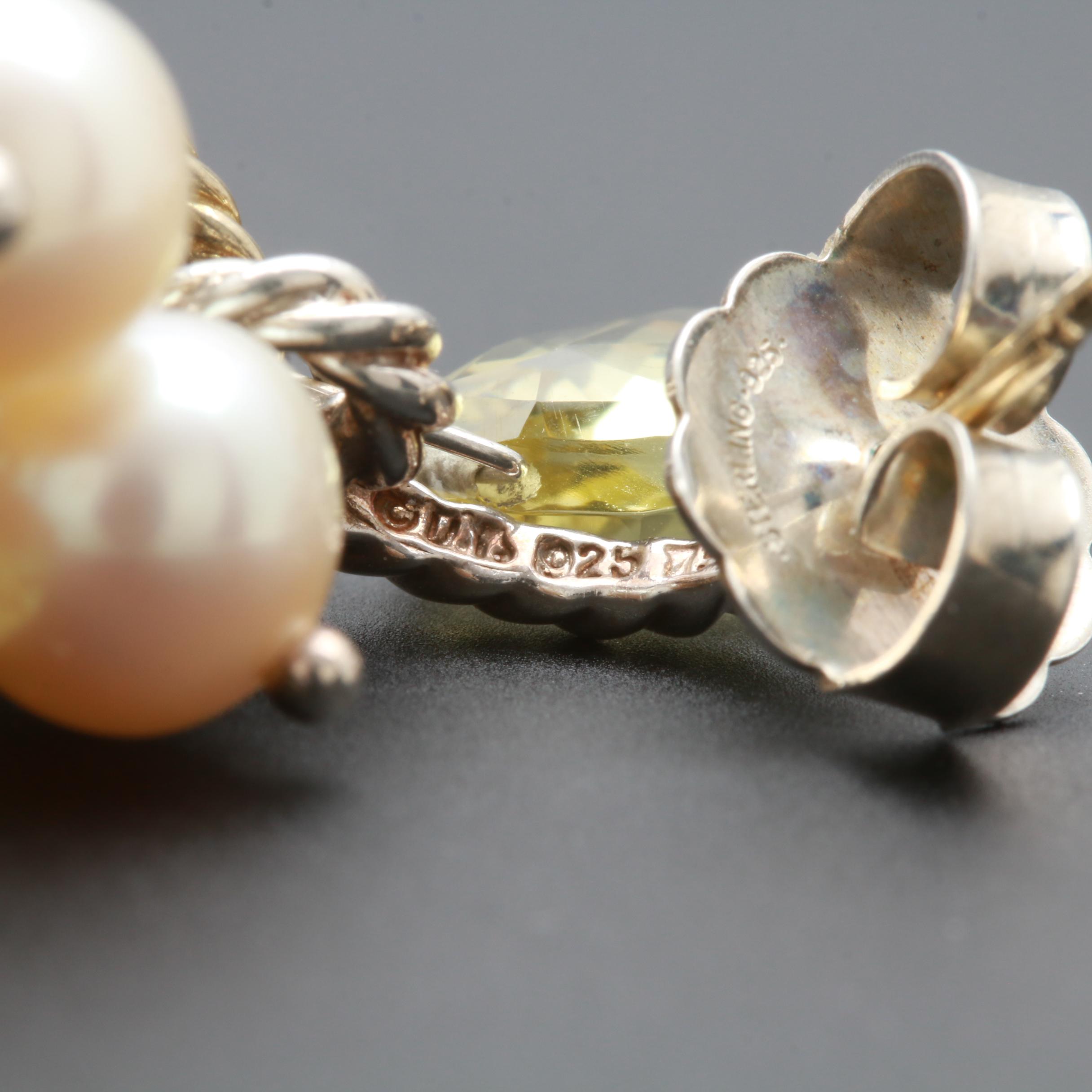 David Yurman Sterling Silver 18K Yellow Gold Cultured Pearl Gemstone Earrings