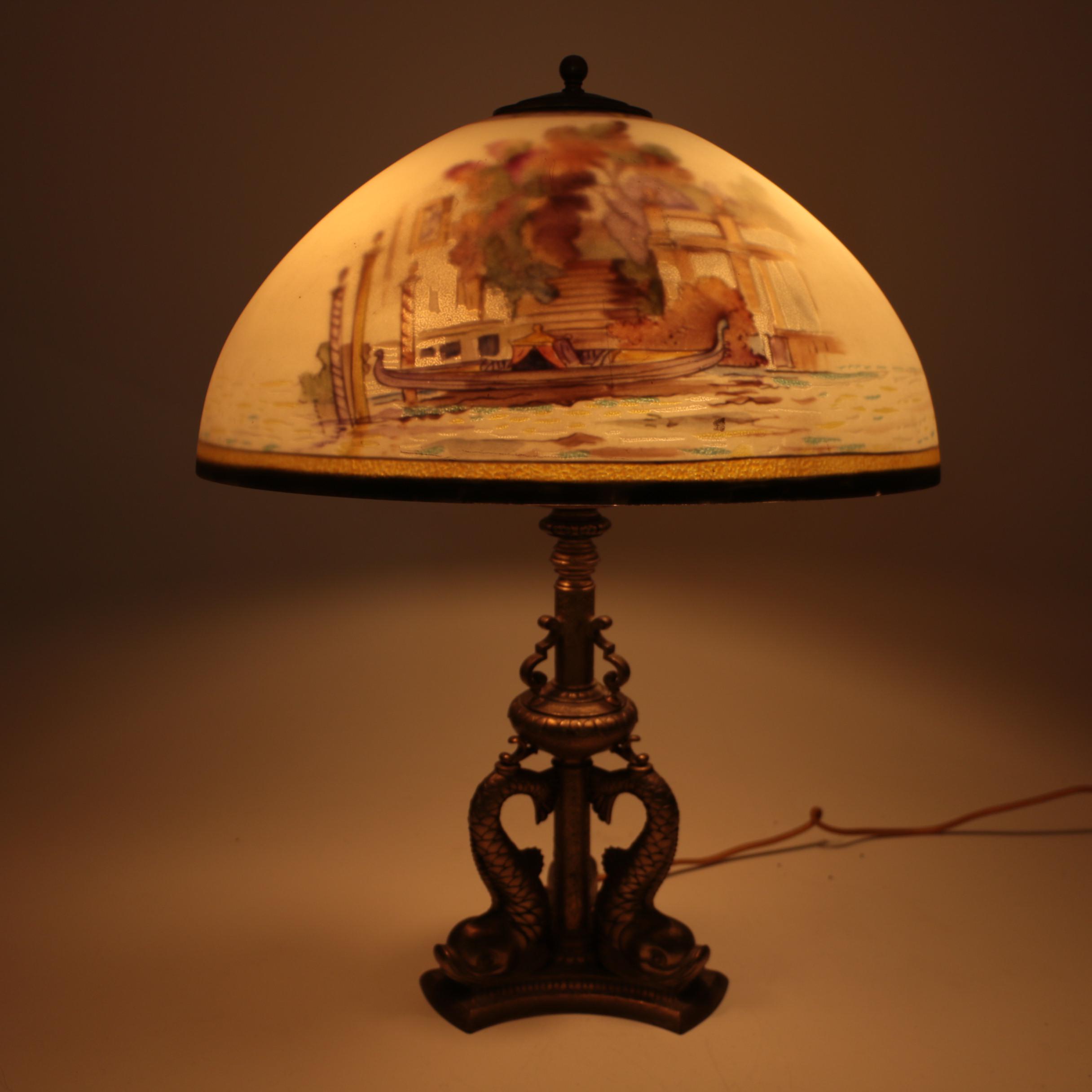 Pairpoint Table Lamp with Dolphin Base and Reverse Painted Venetian Shade