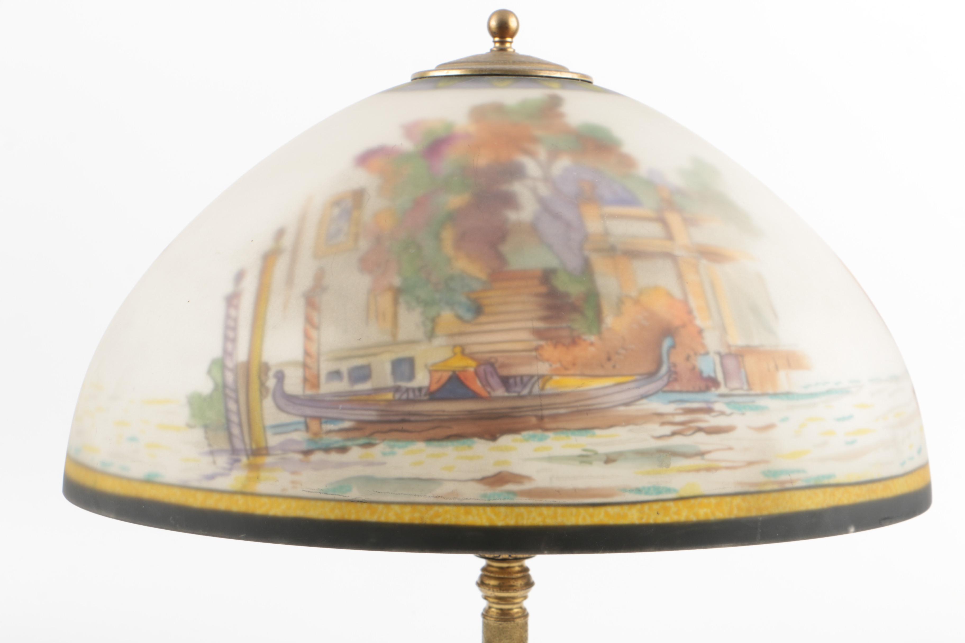 Pairpoint Table Lamp with Dolphin Base and Reverse Painted Venetian Shade