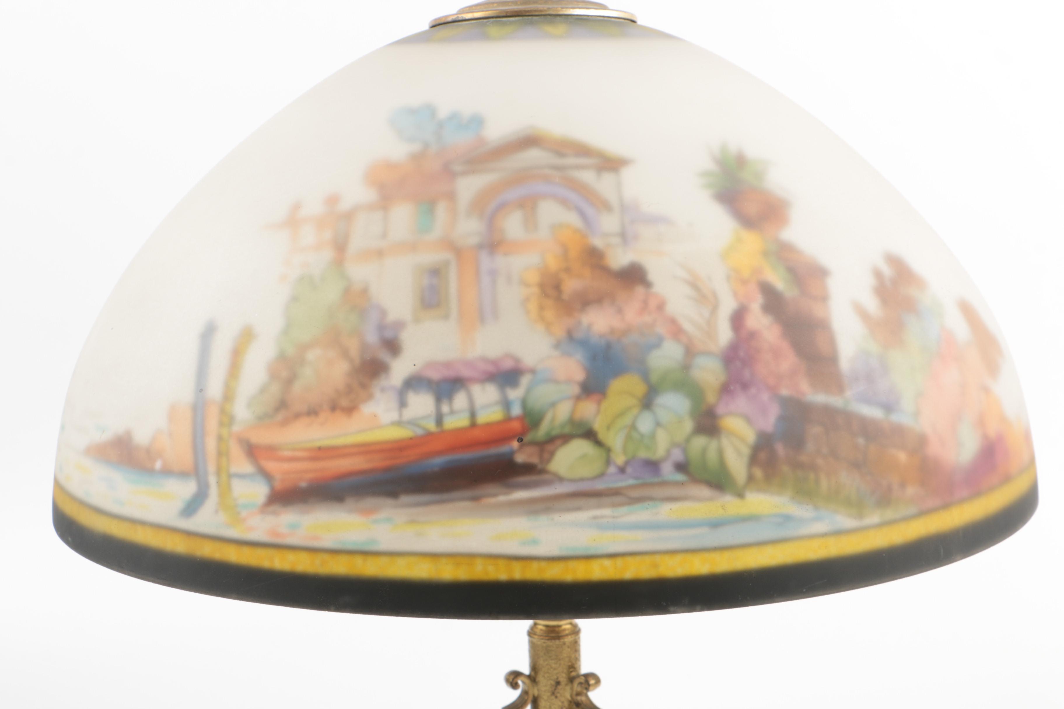 Pairpoint Table Lamp with Dolphin Base and Reverse Painted Venetian Shade