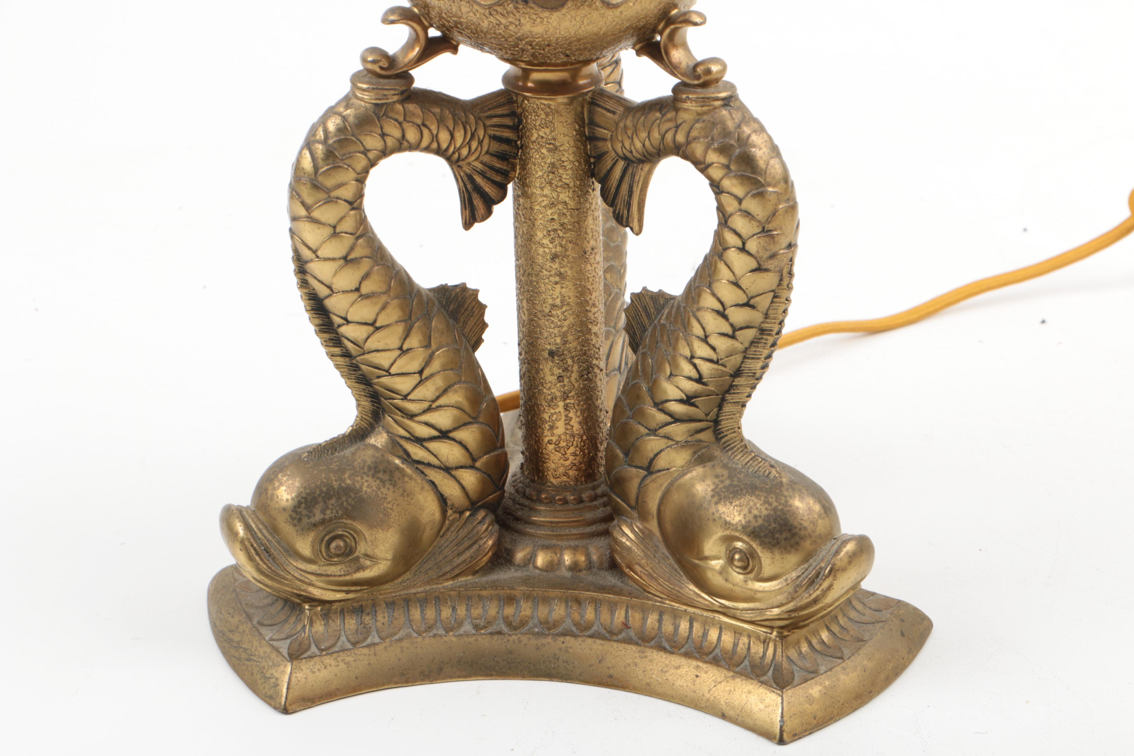 Pairpoint Table Lamp with Dolphin Base and Reverse Painted Venetian Shade
