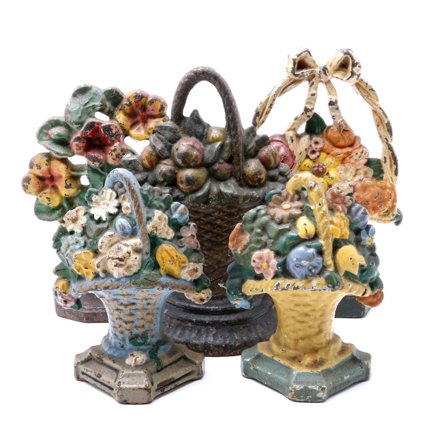 Five Vintage Cast-Iron Flower Basket Doorstops