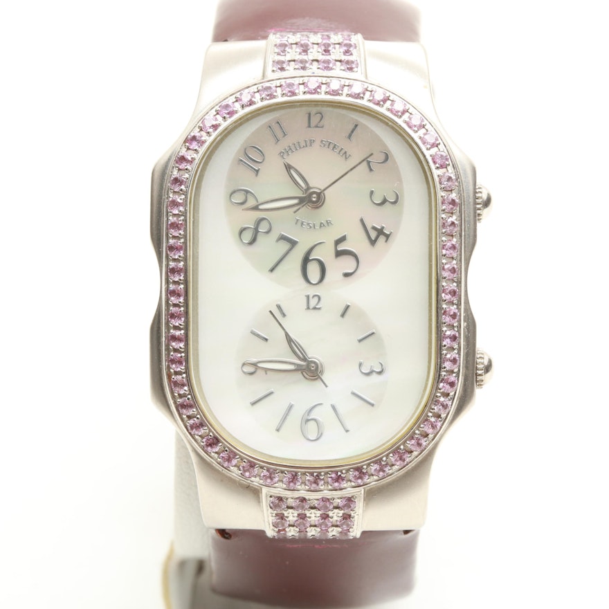 Philip Stein Teslar Stainless Steel Mother of Pearl and Pink Sapphire Wristwatch
