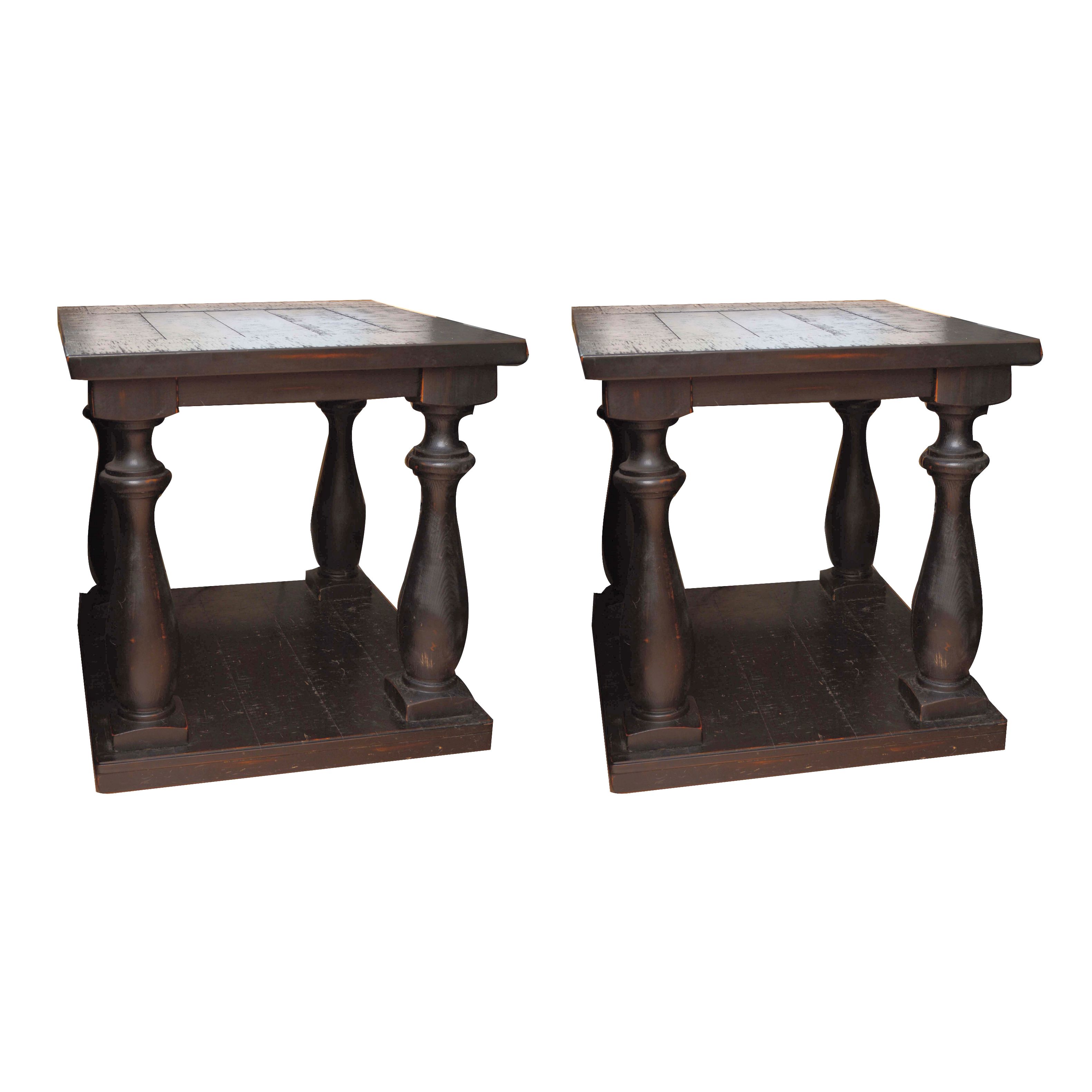Dark Wooden Columnar End Table Pair