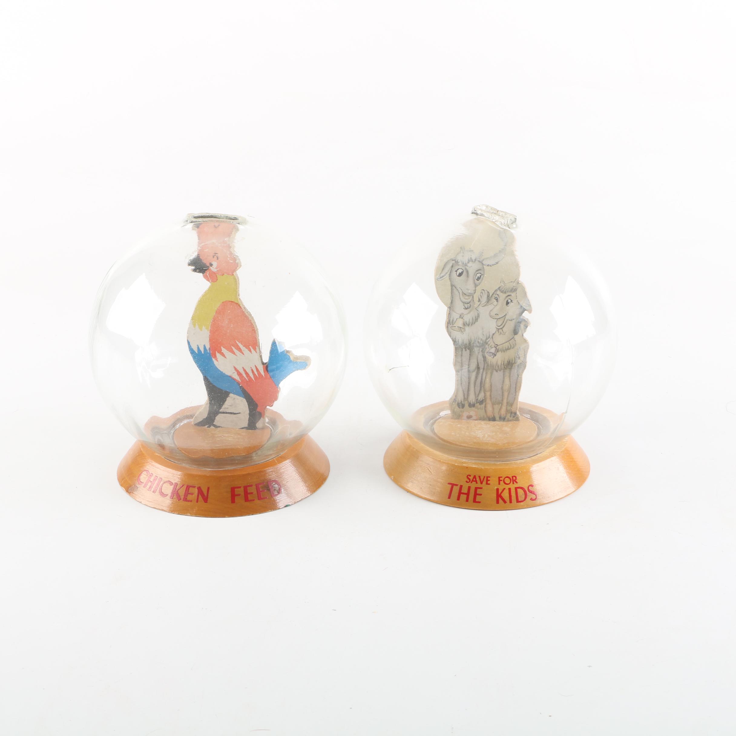 Circa 1940s Vintage "Save For The Kids" and "Chicken Feed" Glass Bubble Banks