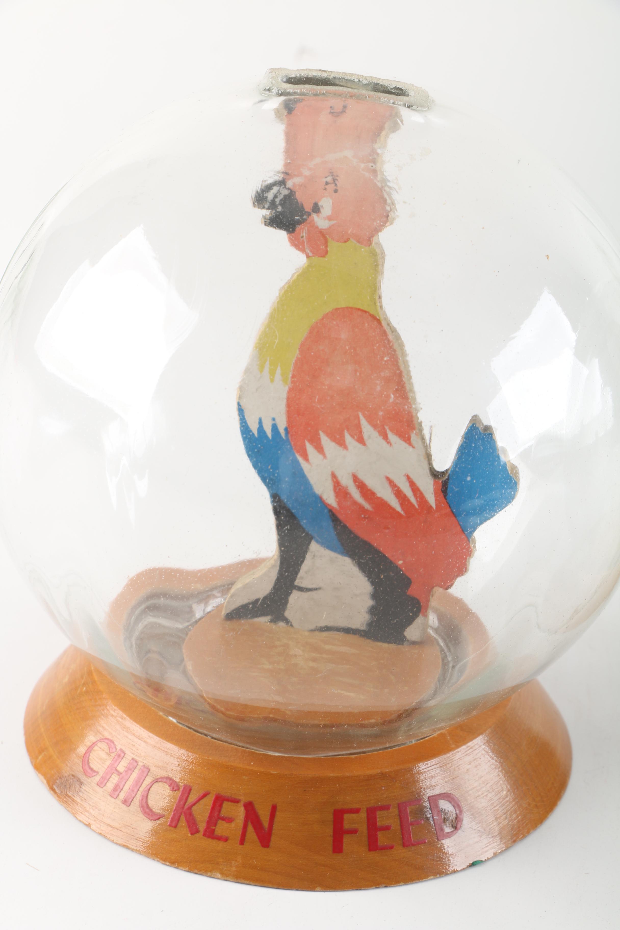 Circa 1940s Vintage "Save For The Kids" and "Chicken Feed" Glass Bubble Banks