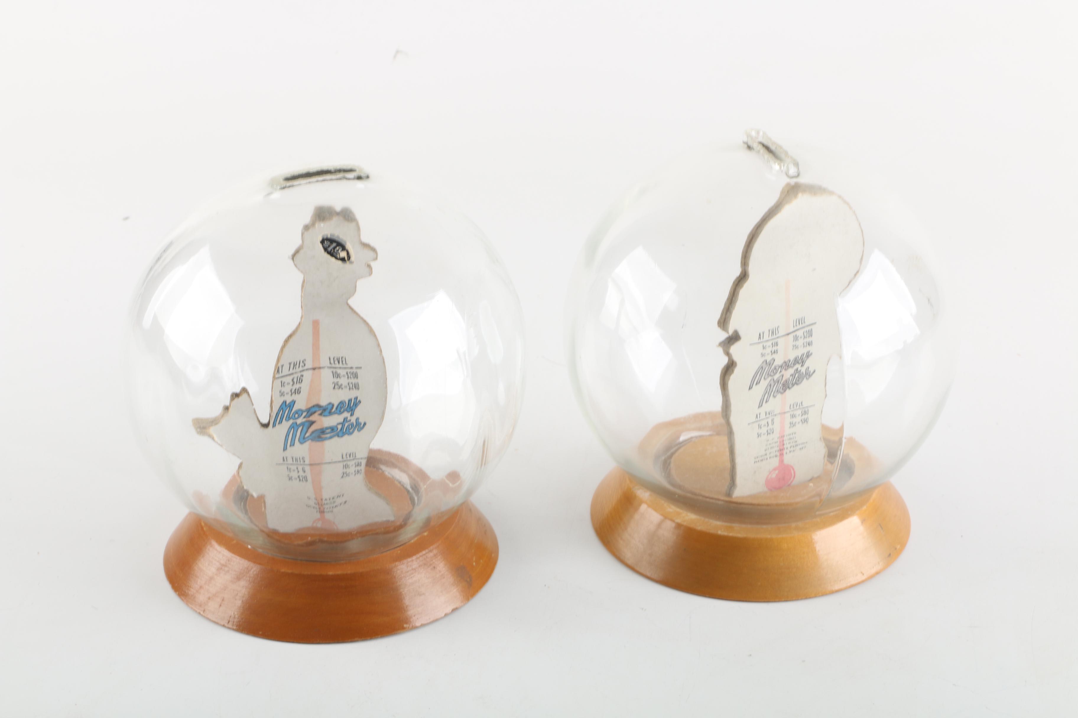 Circa 1940s Vintage "Save For The Kids" and "Chicken Feed" Glass Bubble Banks
