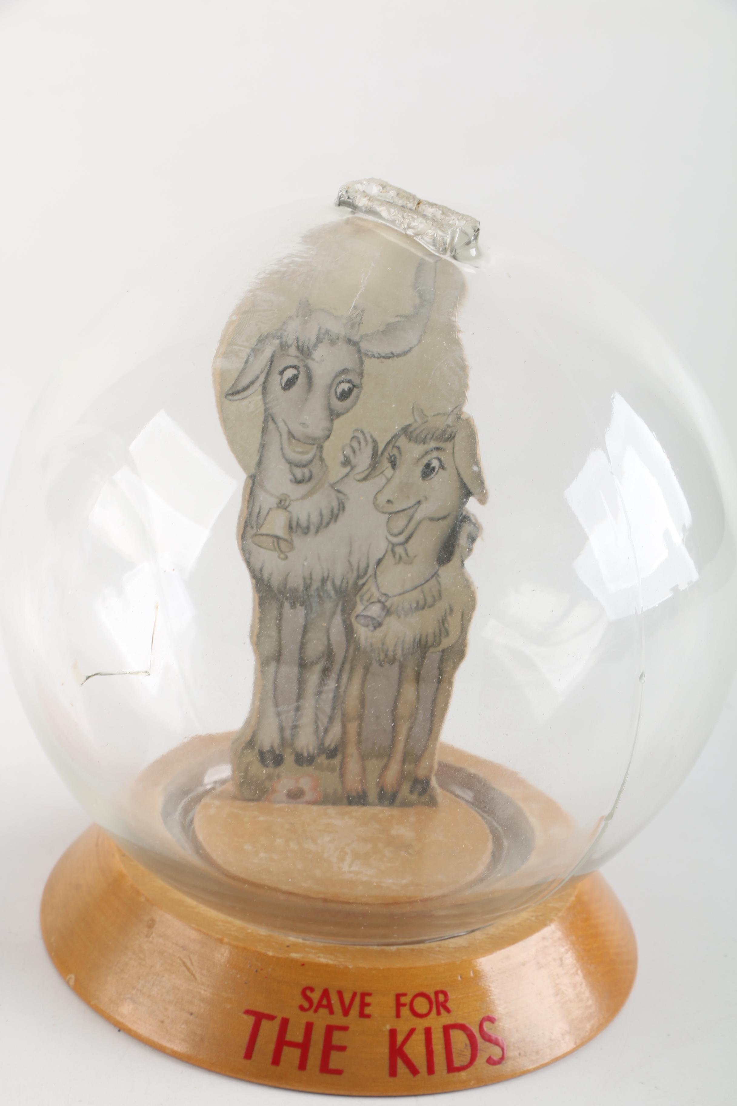 Circa 1940s Vintage "Save For The Kids" and "Chicken Feed" Glass Bubble Banks