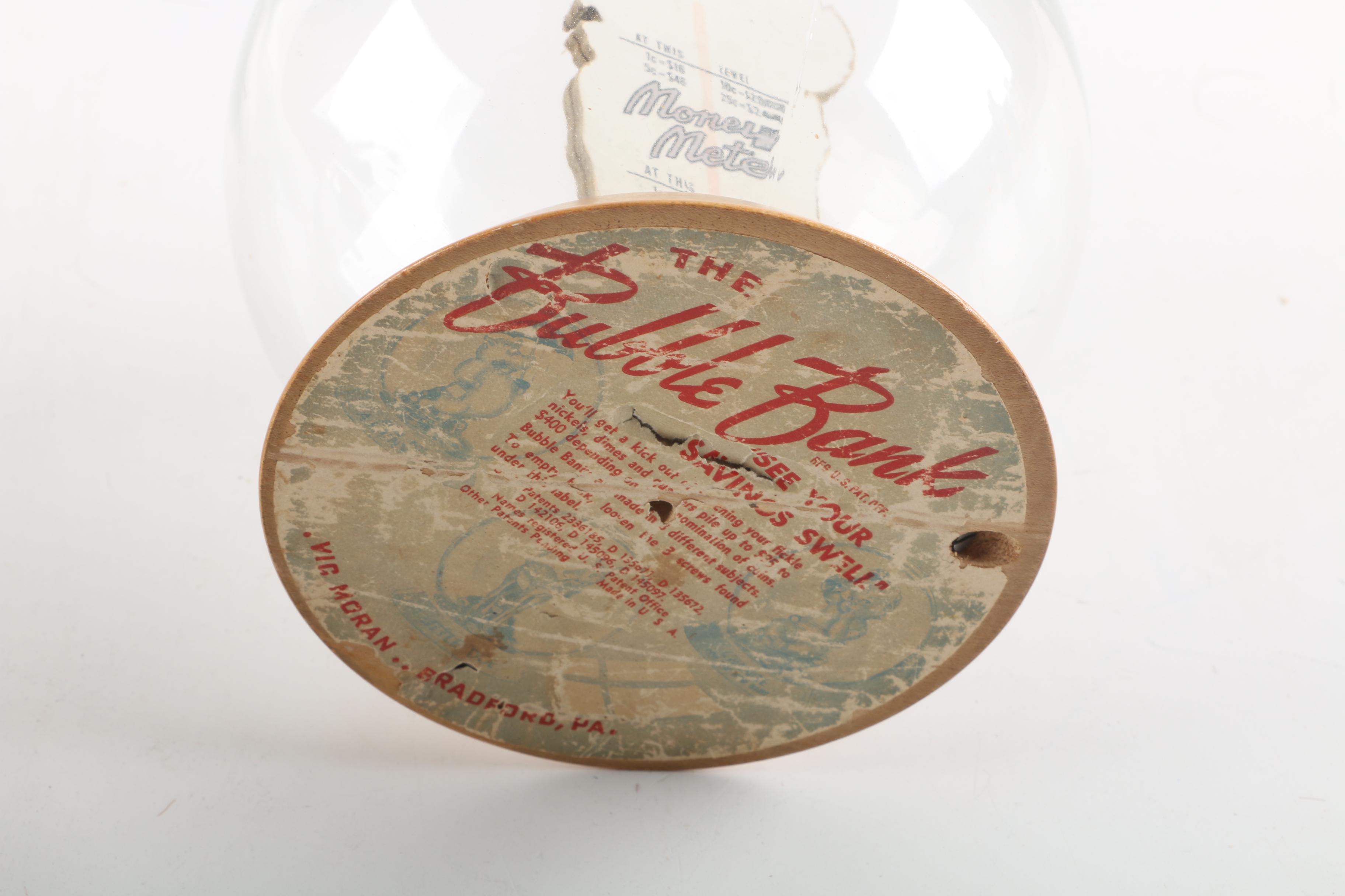 Circa 1940s Vintage "Save For The Kids" and "Chicken Feed" Glass Bubble Banks