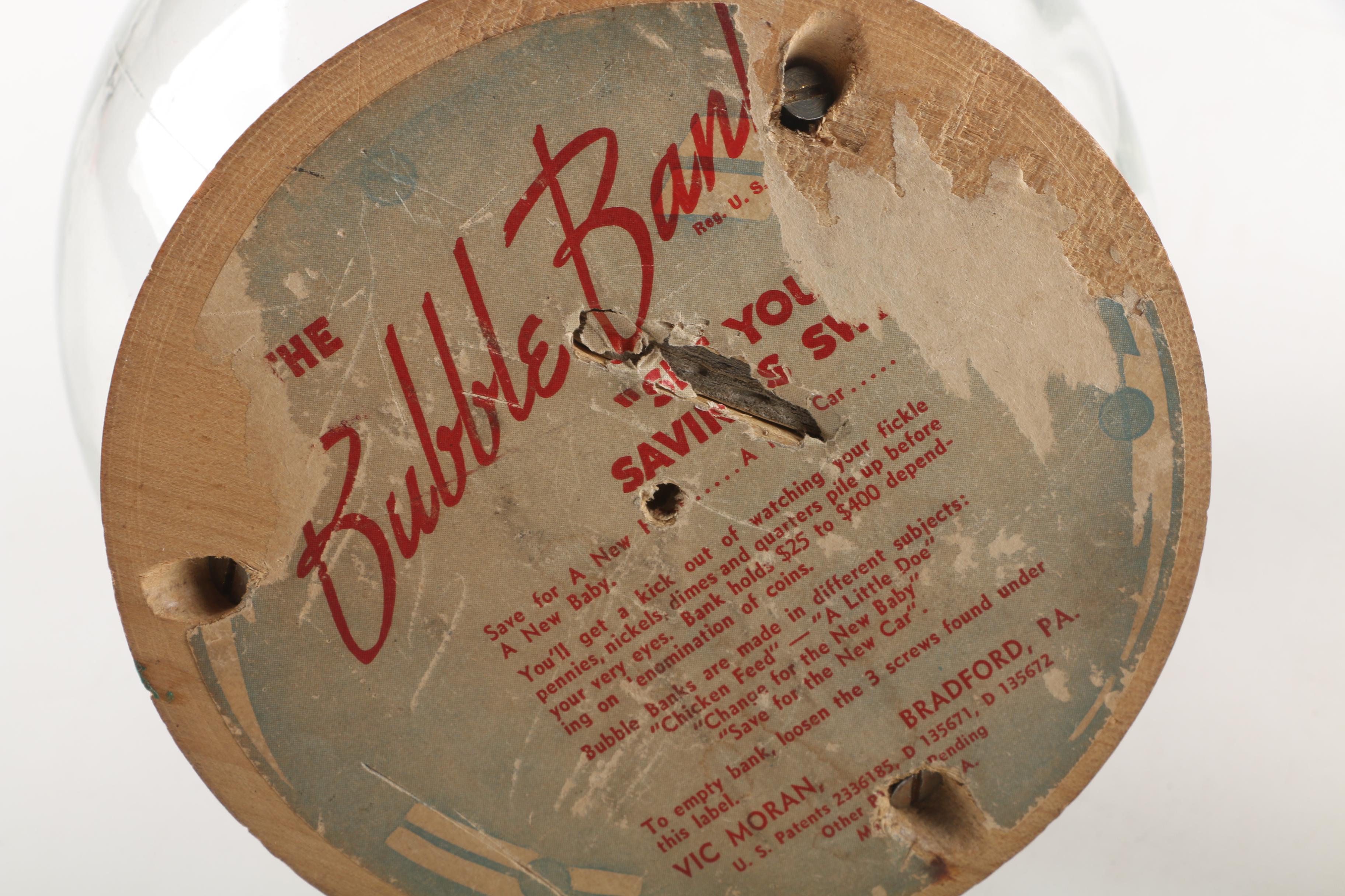 Circa 1940s Vintage "Save For The Kids" and "Chicken Feed" Glass Bubble Banks