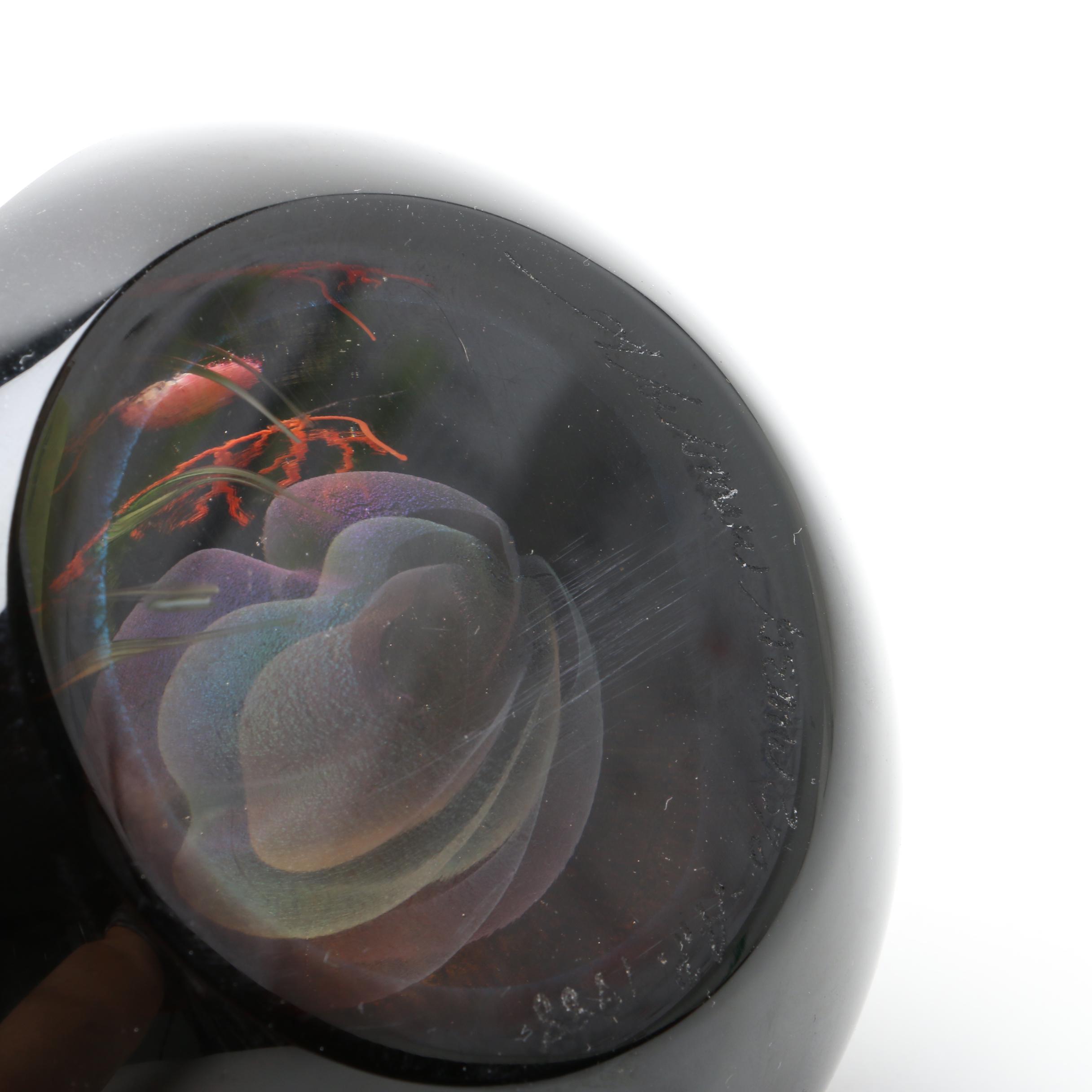 Stuart Abelman Art Glass Paperweight With Fish, 1988
