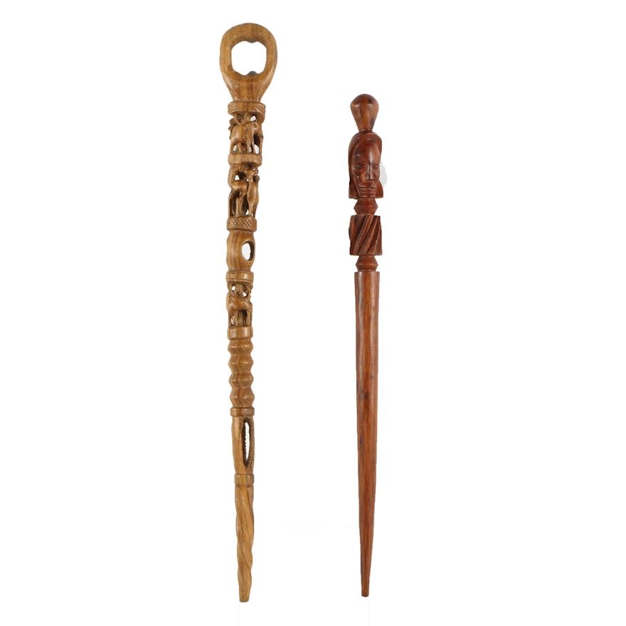 Carved Wooden African-Style Walking Sticks