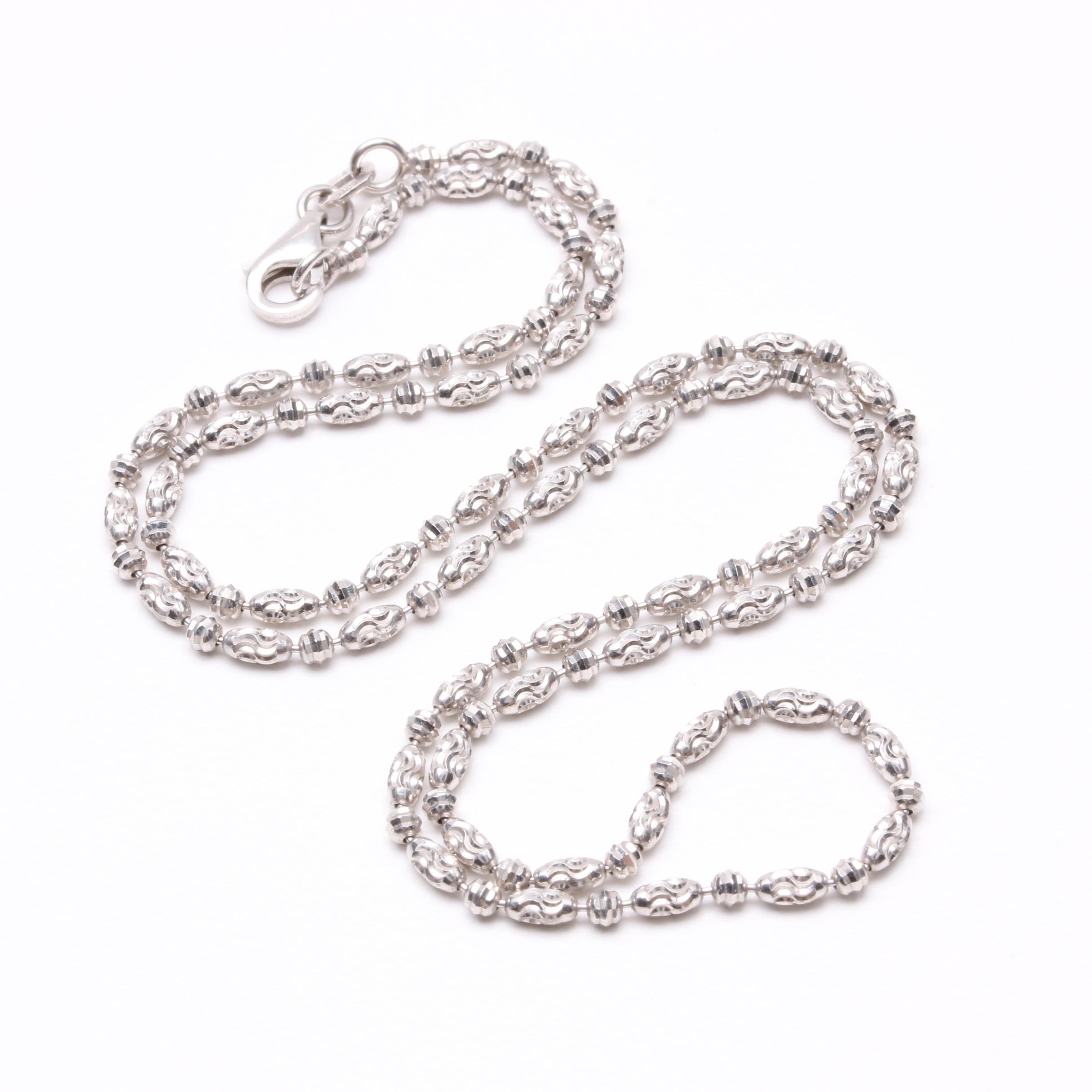 14K White Gold Diamond-Cut Beaded Necklace