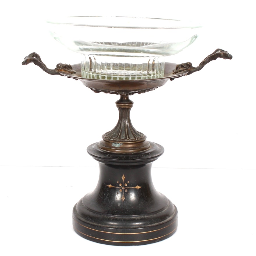 Antique French Glass and Bronze Compote on Marble Plinth