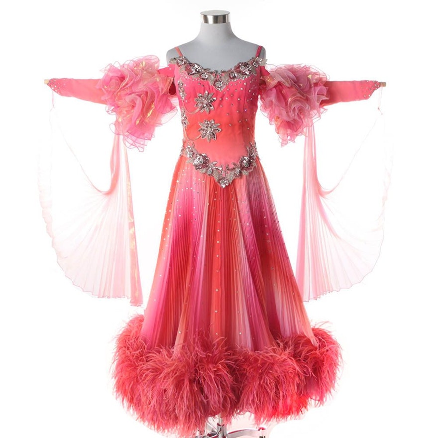 Women's Custom Pink Embellished Ballroom Dancing Gown with Ostrich Feather Hem