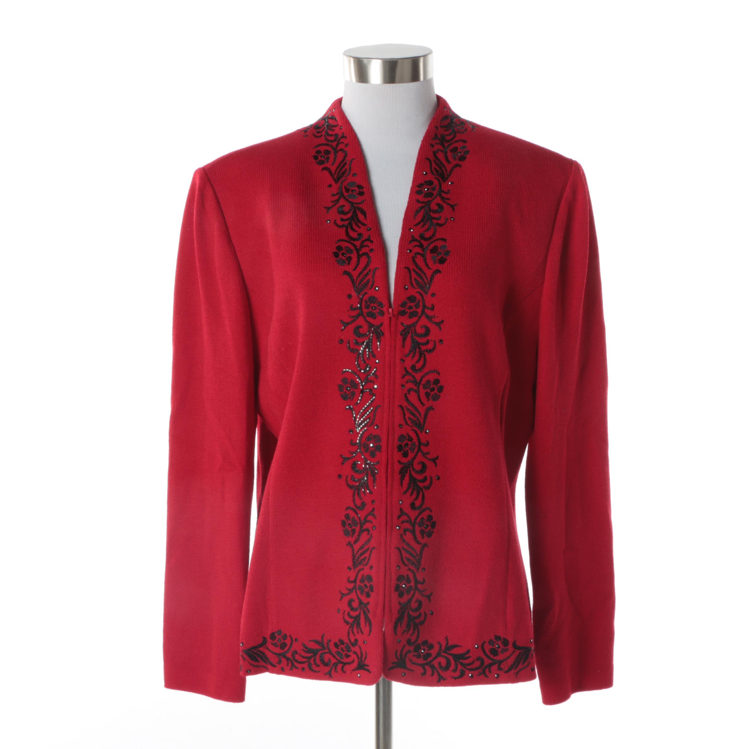 Women's St. John Evening Embroidered Red Knit Jacket with Rhinestones