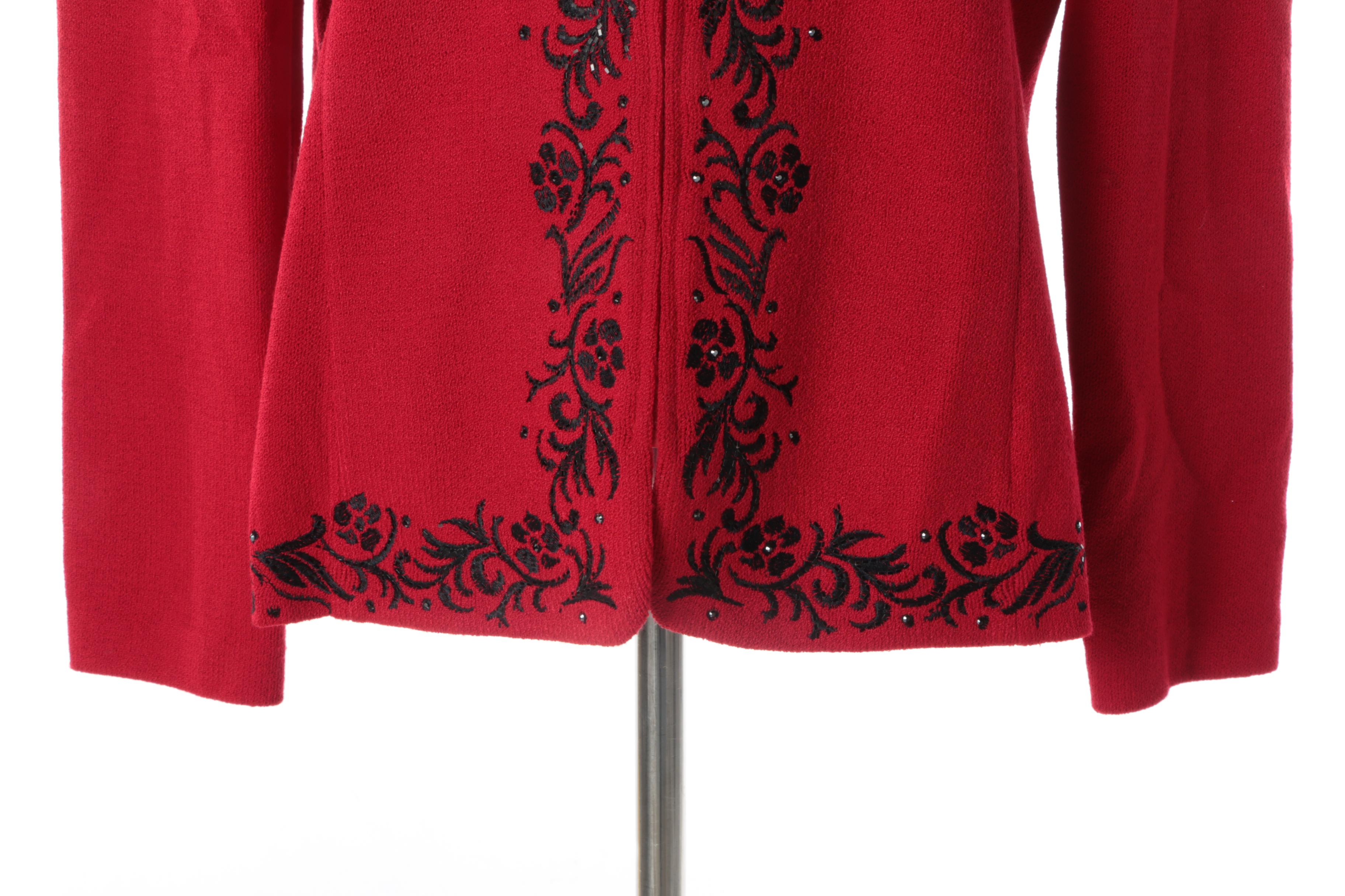 Women's St. John Evening Embroidered Red Knit Jacket with Rhinestones