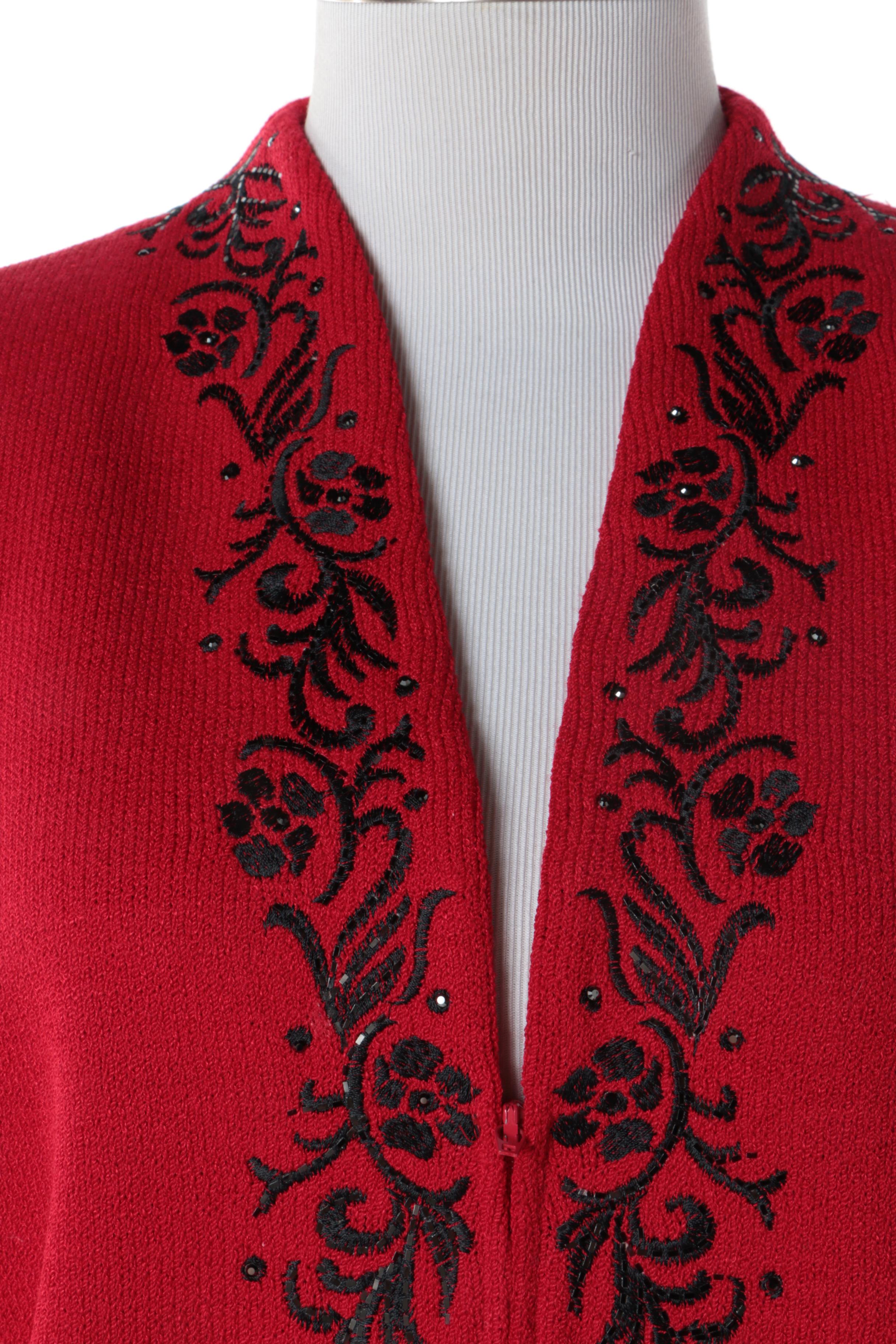 Women's St. John Evening Embroidered Red Knit Jacket with Rhinestones