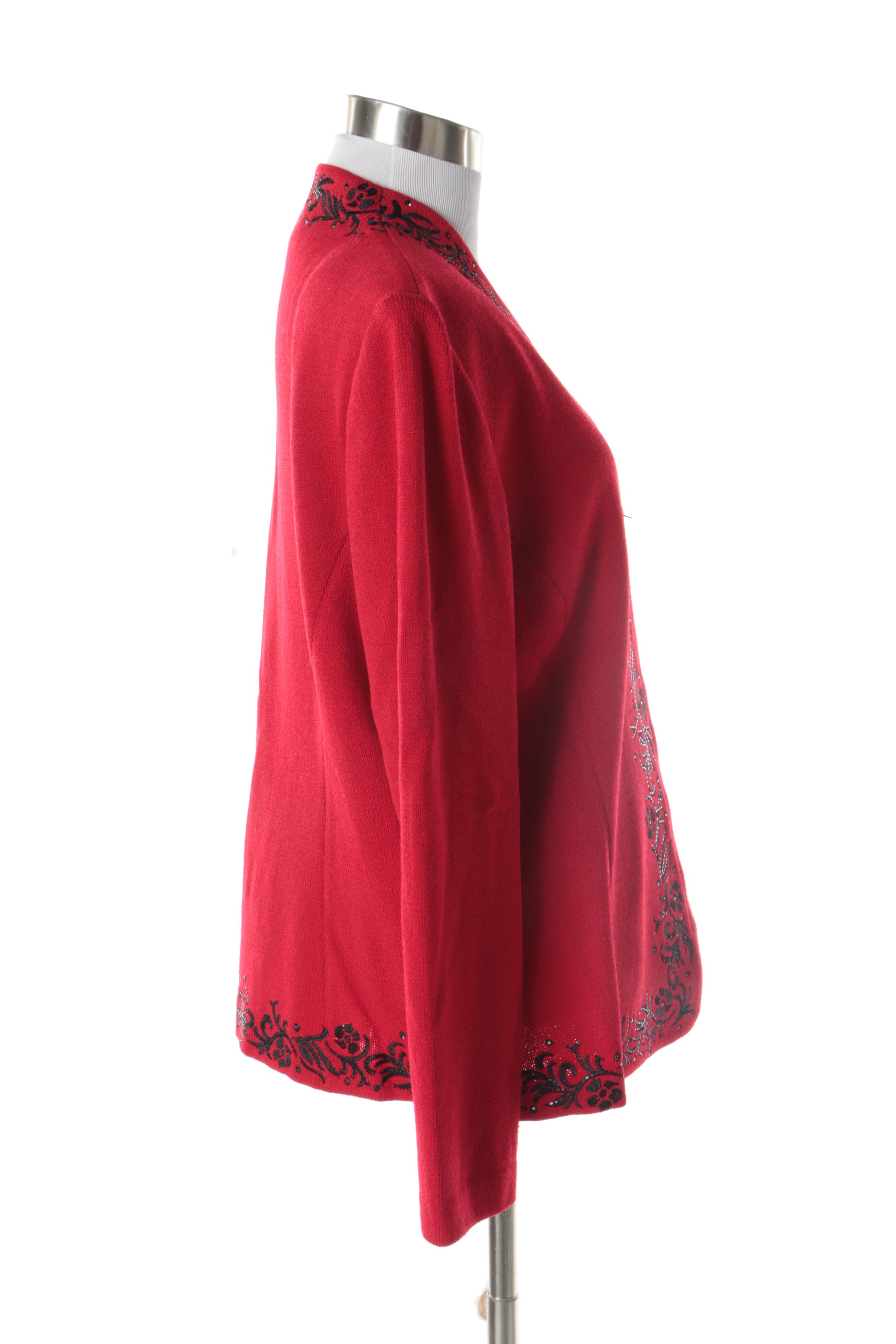 Women's St. John Evening Embroidered Red Knit Jacket with Rhinestones