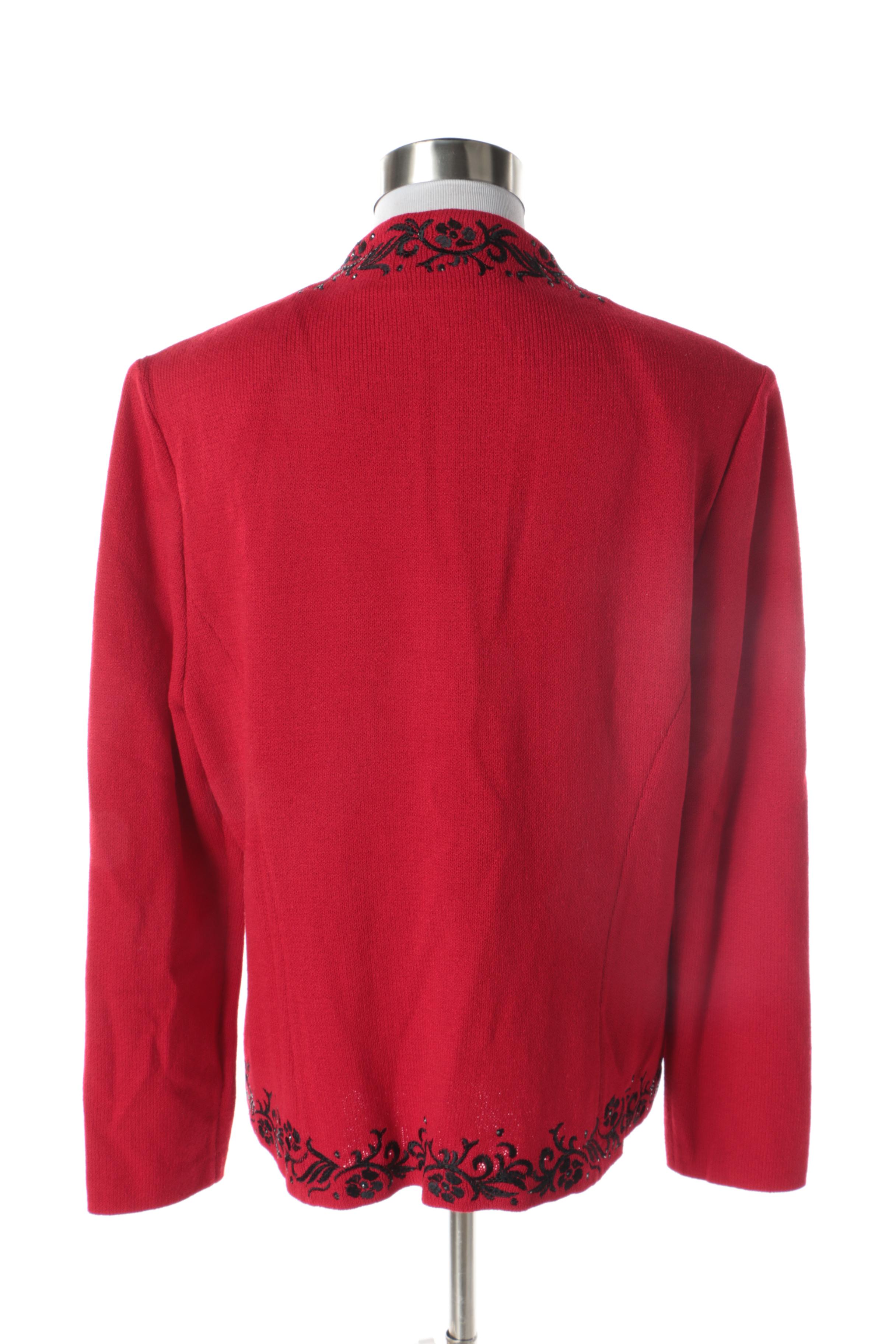 Women's St. John Evening Embroidered Red Knit Jacket with Rhinestones