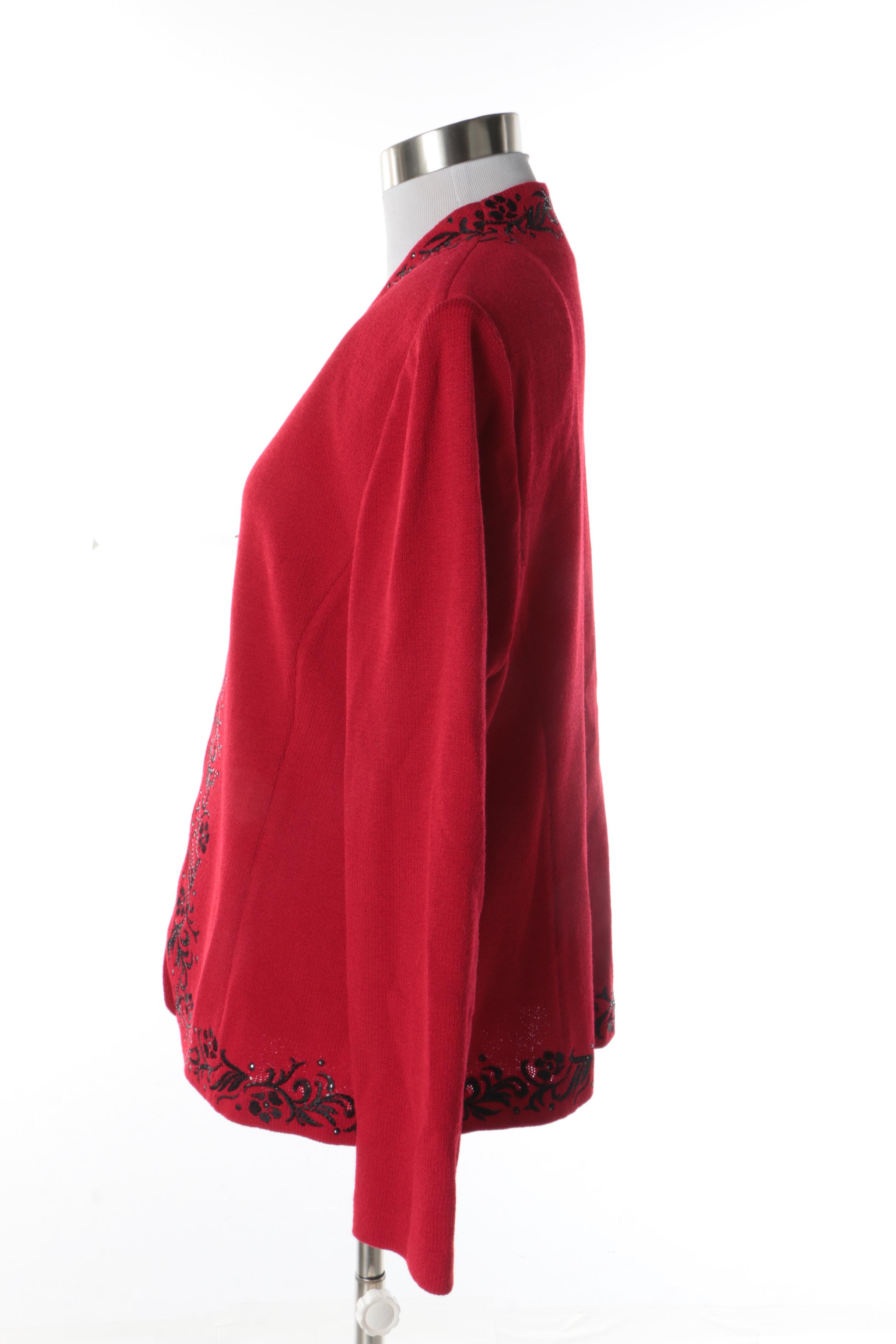 Women's St. John Evening Embroidered Red Knit Jacket with Rhinestones