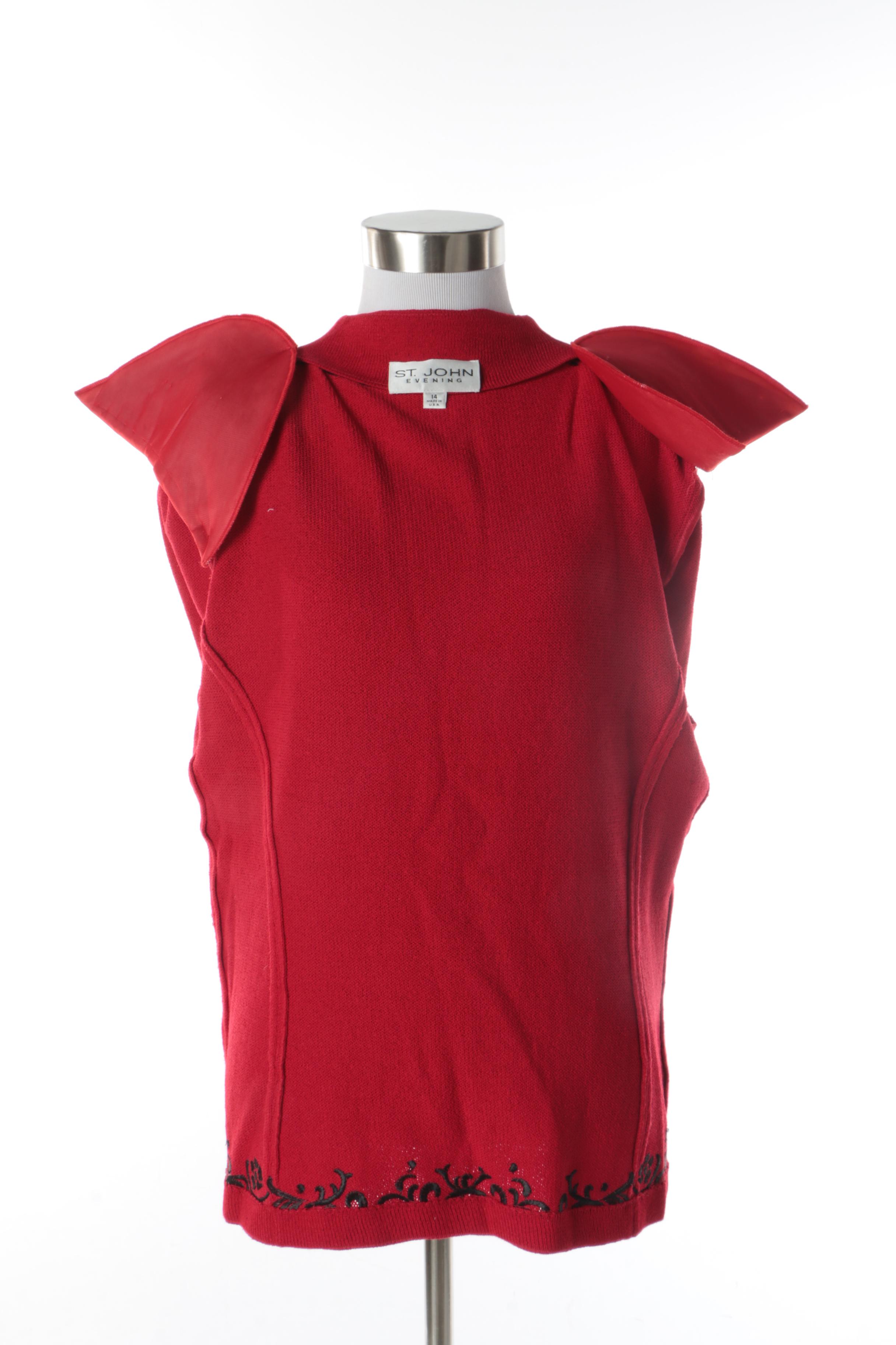 Women's St. John Evening Embroidered Red Knit Jacket with Rhinestones