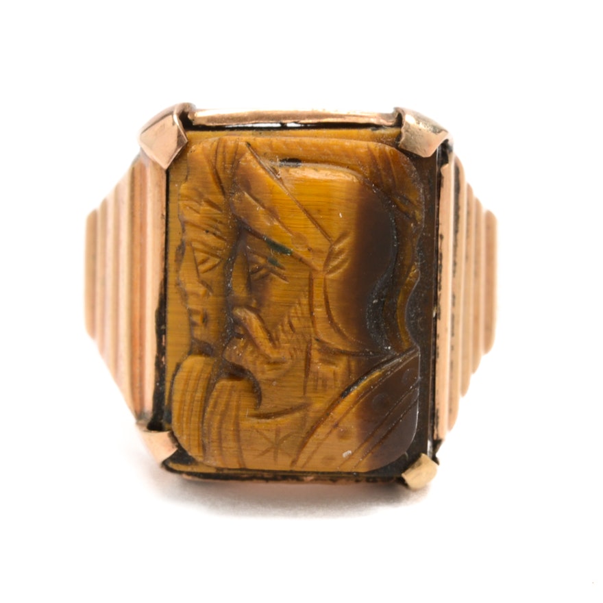 Antique 10K Yellow Gold Tiger's Eye Cameo Ring