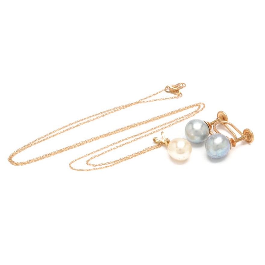 14K Yellow Gold Pearl Pendant Necklace Plus Pearl Earrings