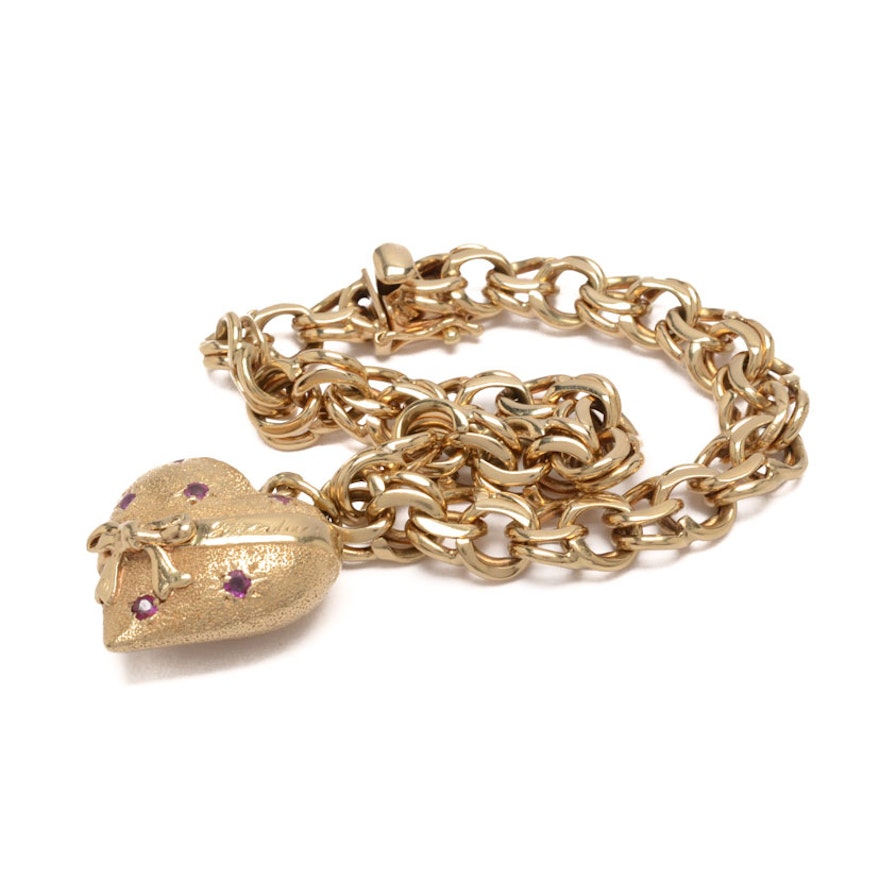 14K Gold Charm Bracelet with 14K Gold and Ruby Heart Charm