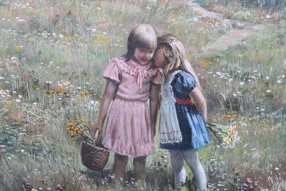 Adolf Sehring Oil Painting of Children in Meadow