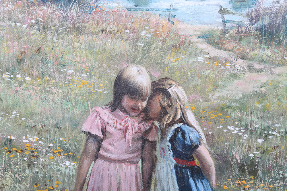 Adolf Sehring Oil Painting of Children in Meadow