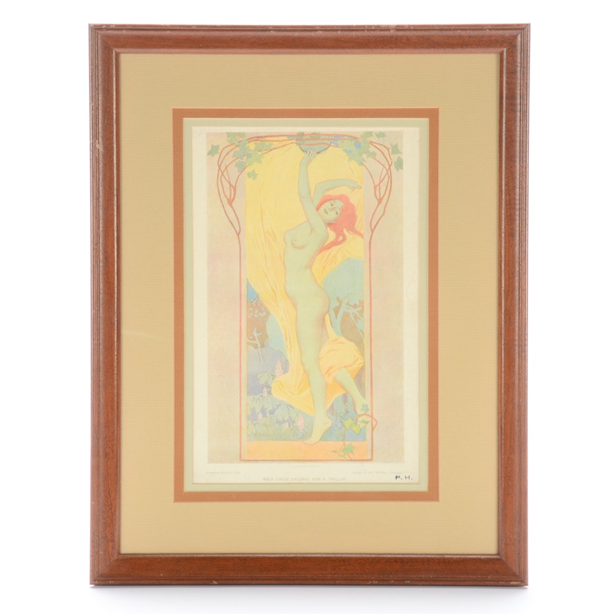 Vintage Art Nouveau Offset Lithograph after Von K. Spillar "Tanzerin"