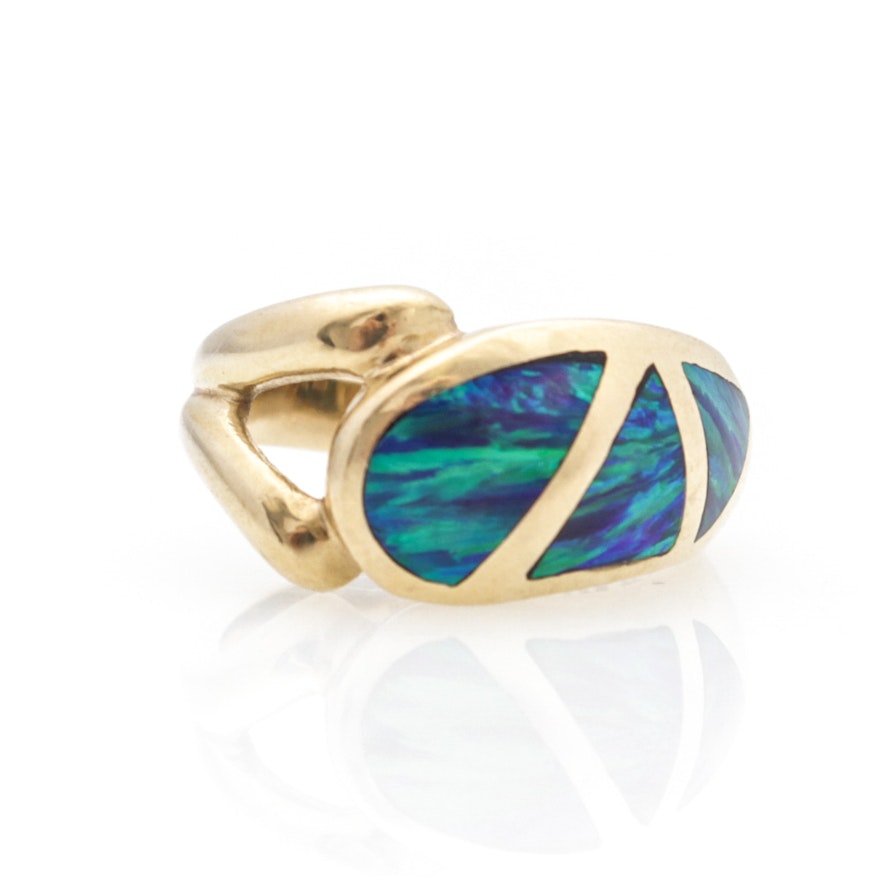 14K Gold Ring with Australian Opal Inlay