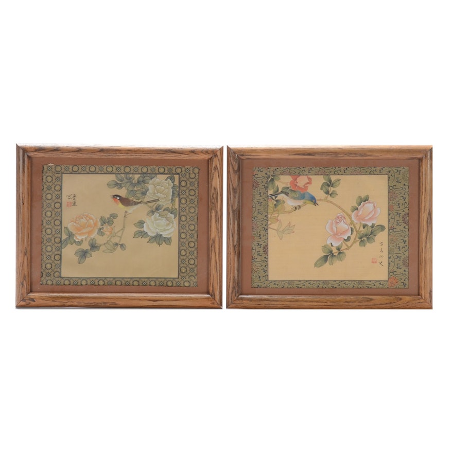 Pair of Mid-Century Chinese Gouache Paintings on Silk