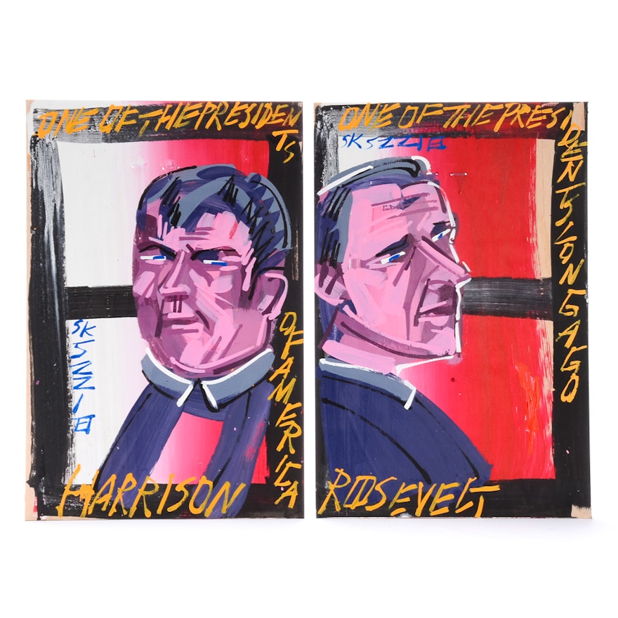 Pair of Steve Keene Original Acrylic Paintings on Board of Presidents