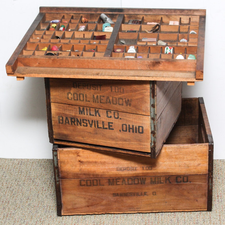 Vintage Wood Milk Crates and Typesetter's Tray