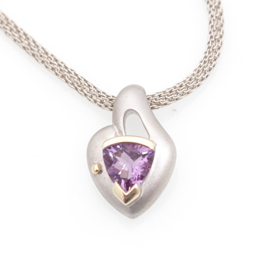 Sterling Silver Amethyst Pendant Necklace with 14K Yellow Gold Accent