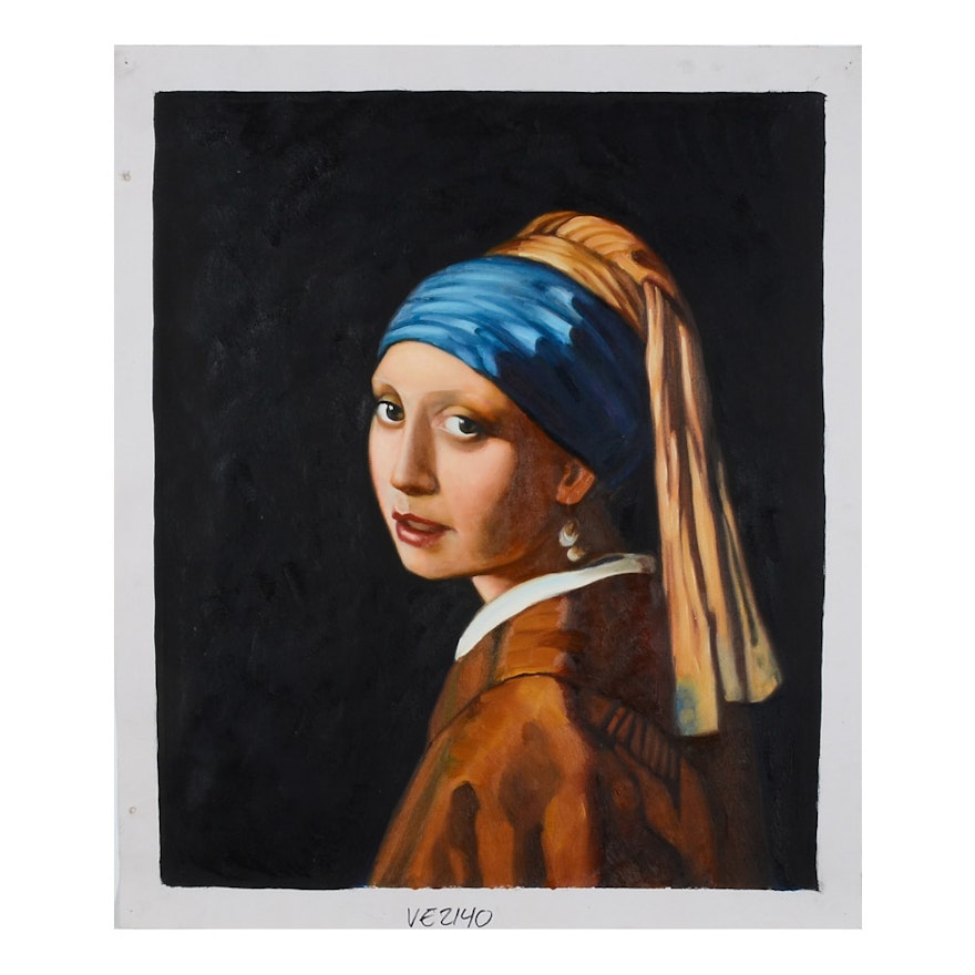 Oil on Canvas Copy Painting after Johannes Vermeer "Girl with Pearl Earring"