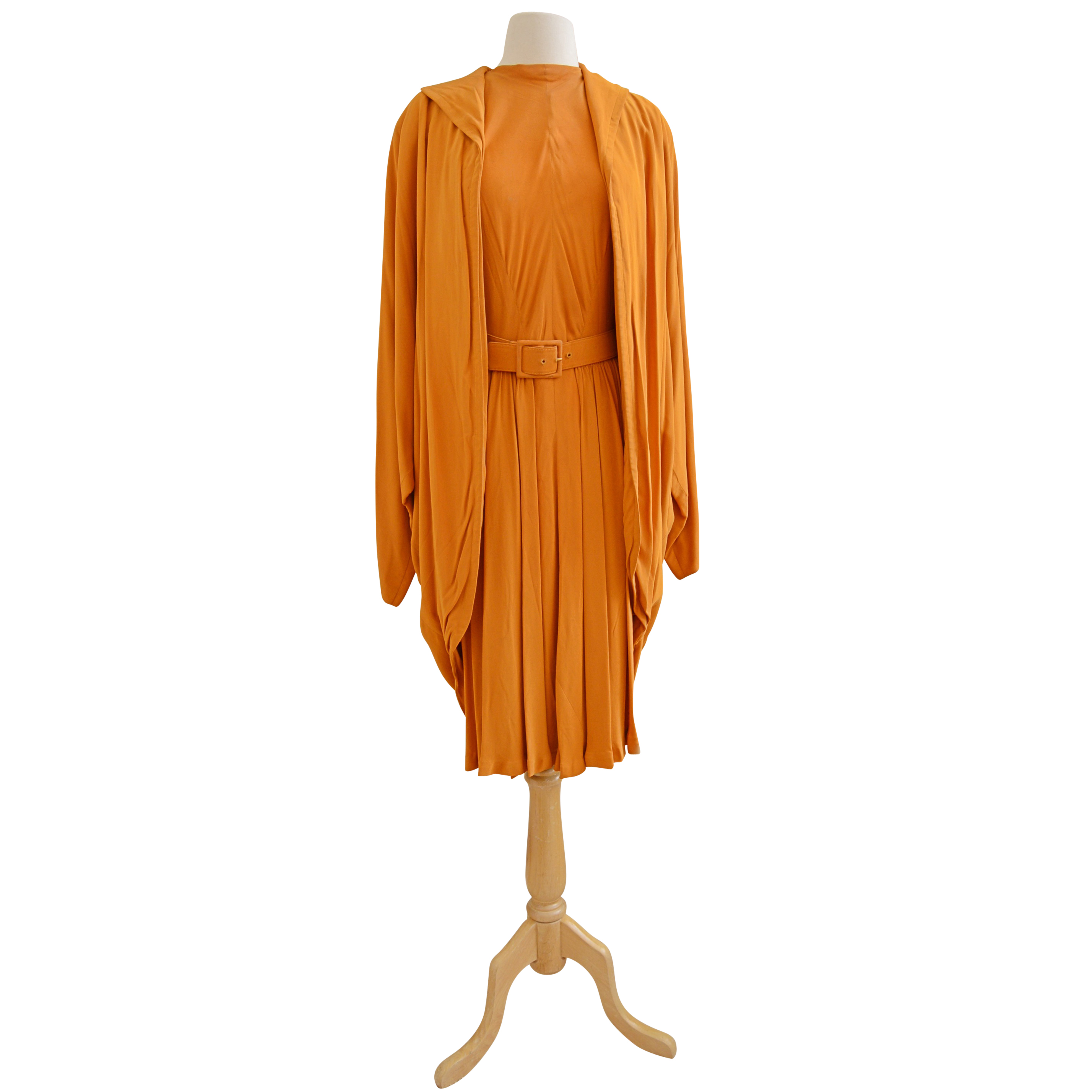 1940s Vintage Schwade Golden Saffron Crepe Dress and Coat Ensemble