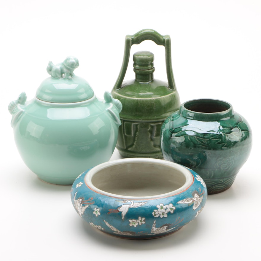 Chinese Green Hue Glazed Jars and Vase with Hand-Painted Planter