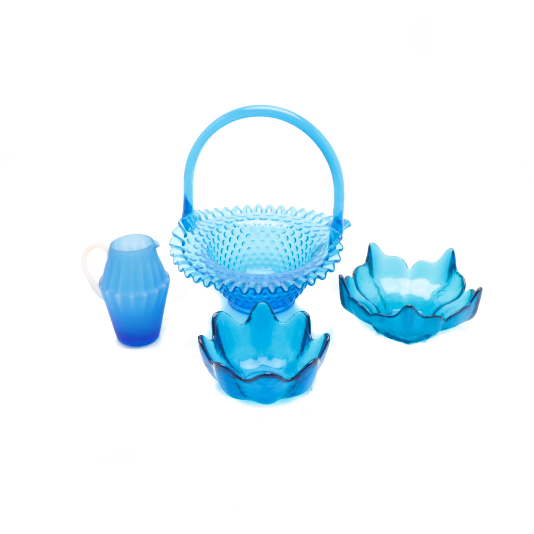 Blue Art Glass Tableware including a Fenton Hobnail Basket