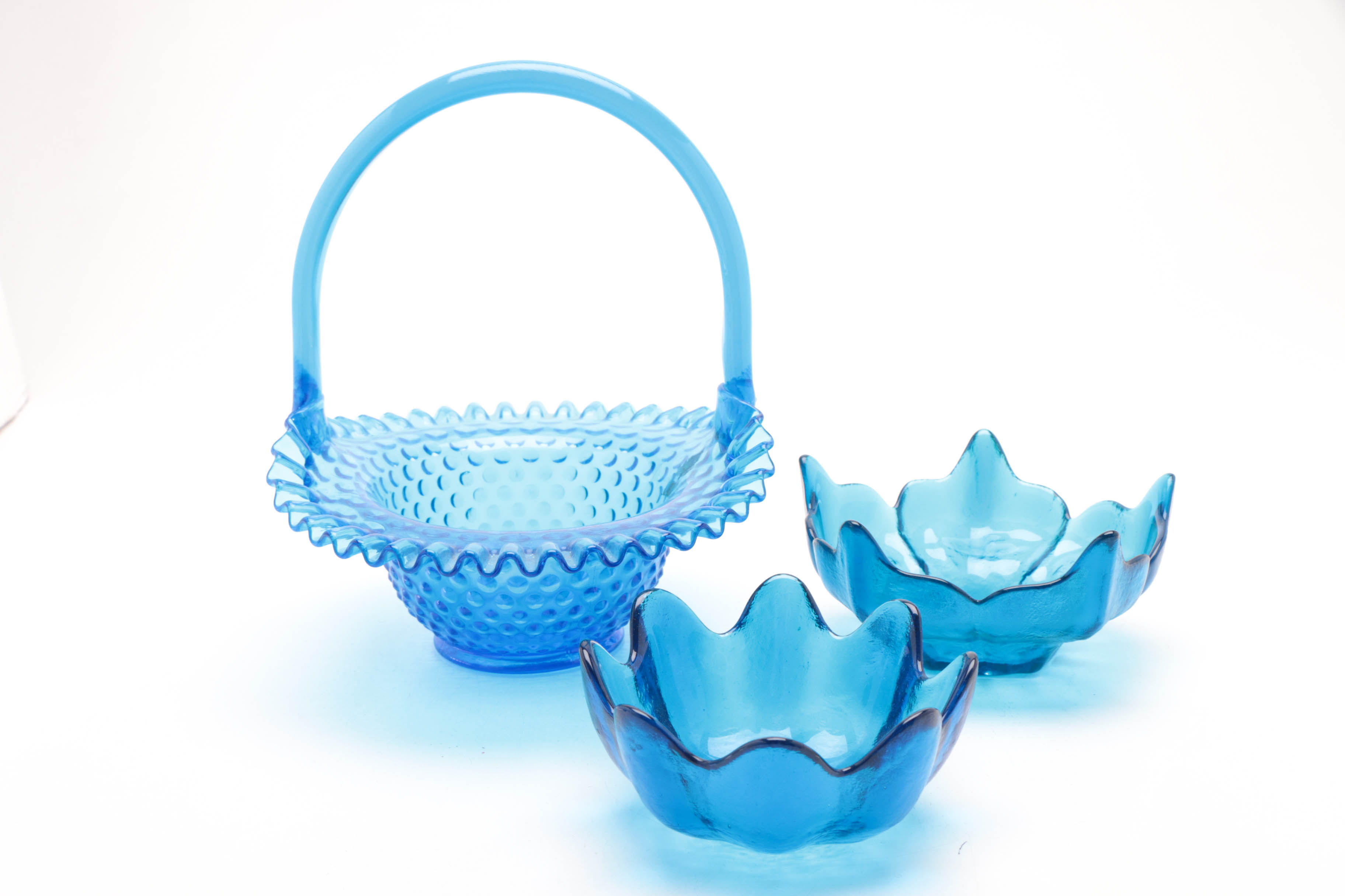 Blue Art Glass Tableware including a Fenton Hobnail Basket