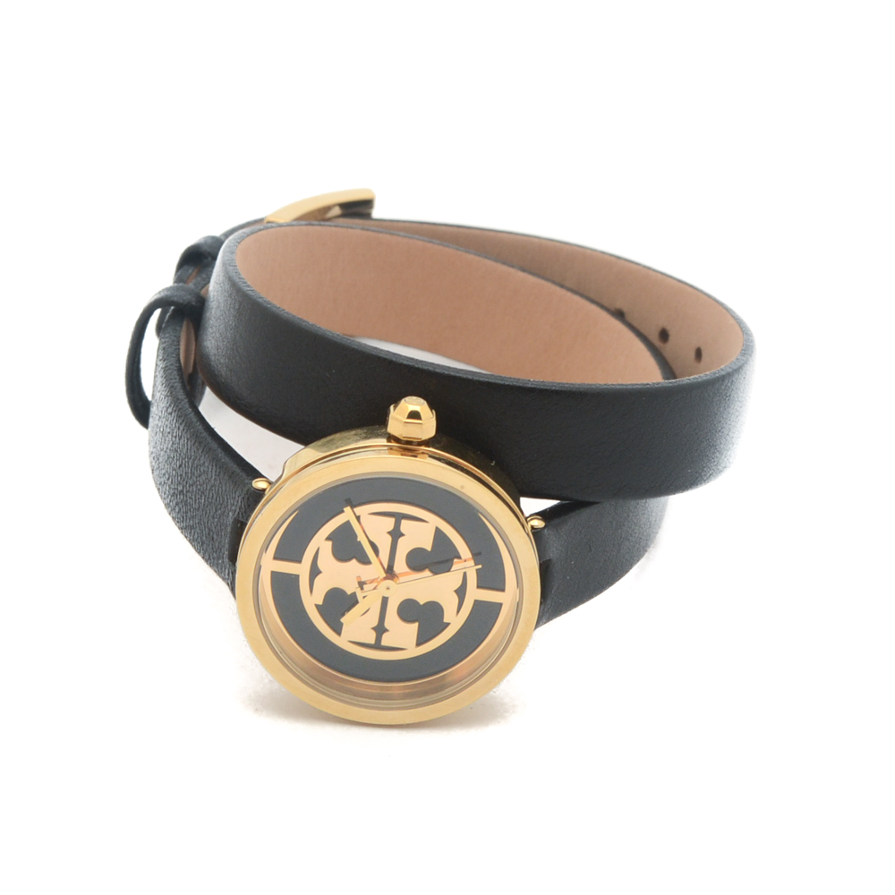 Tory Burch Reva Double Wrap Black Leather Strap Watch