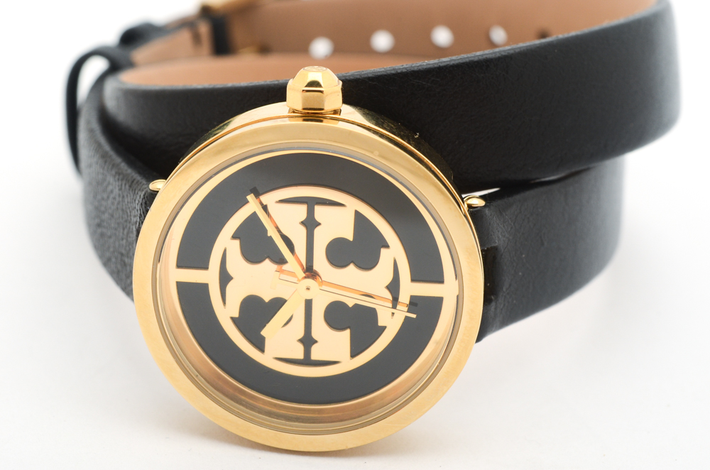 Tory Burch Reva Double Wrap Black Leather Strap Watch