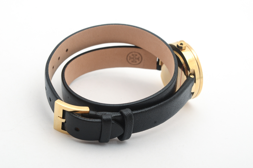 Tory Burch Reva Double Wrap Black Leather Strap Watch